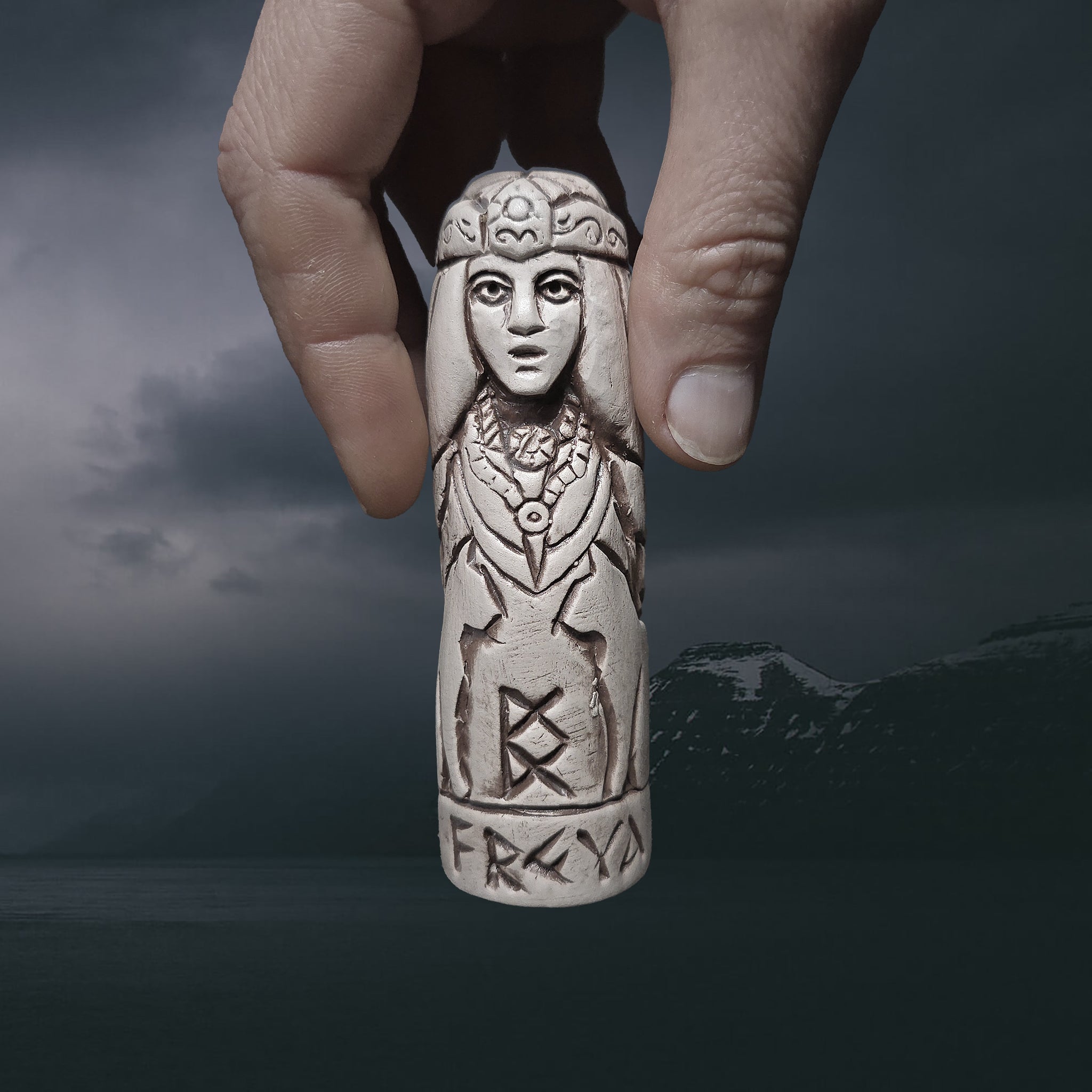 Hand-Crafted Ceramic Norse Goddess Freya Statuette in Hand for Scale