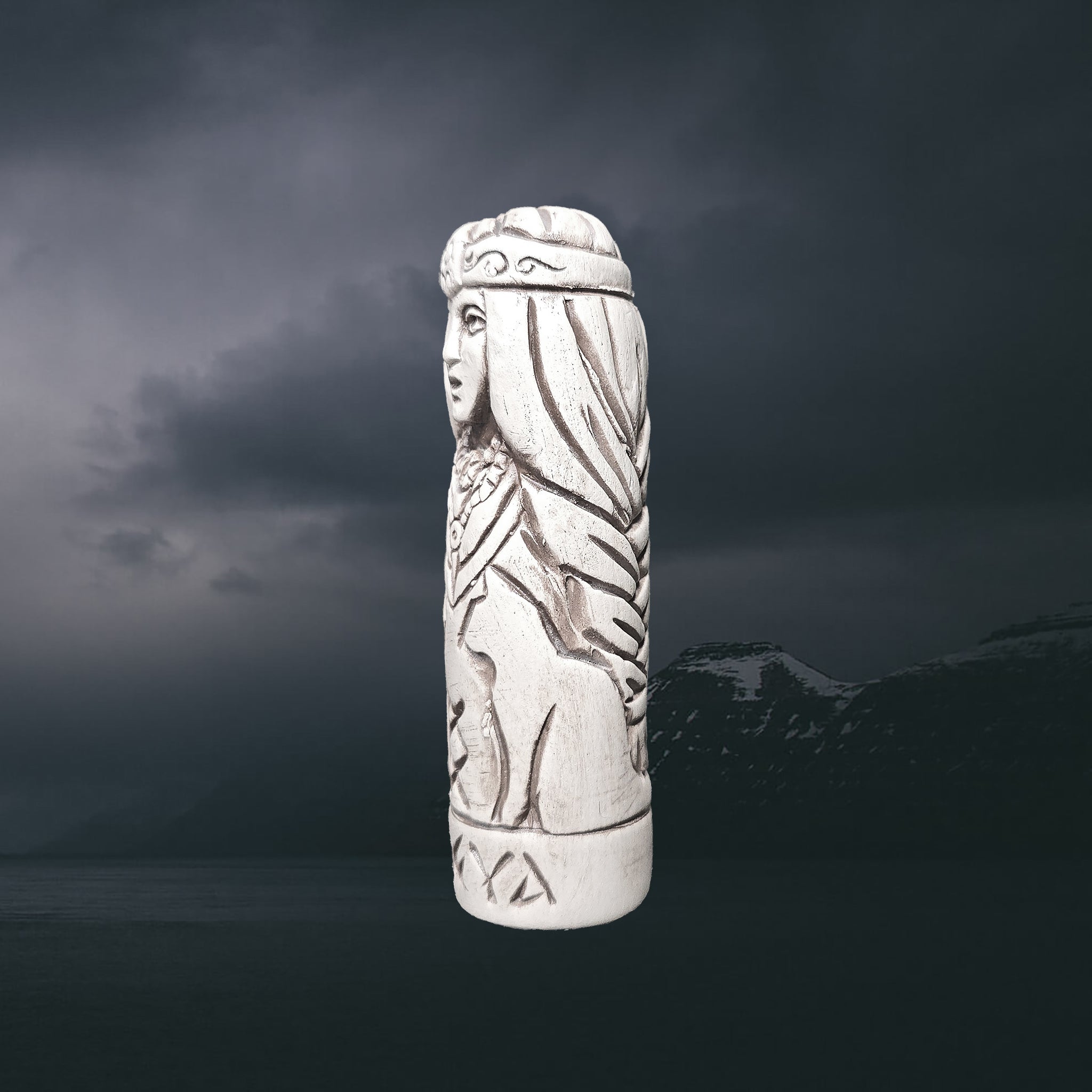 Hand-Crafted Ceramic Norse Goddess Freya Statuette - Left Side View