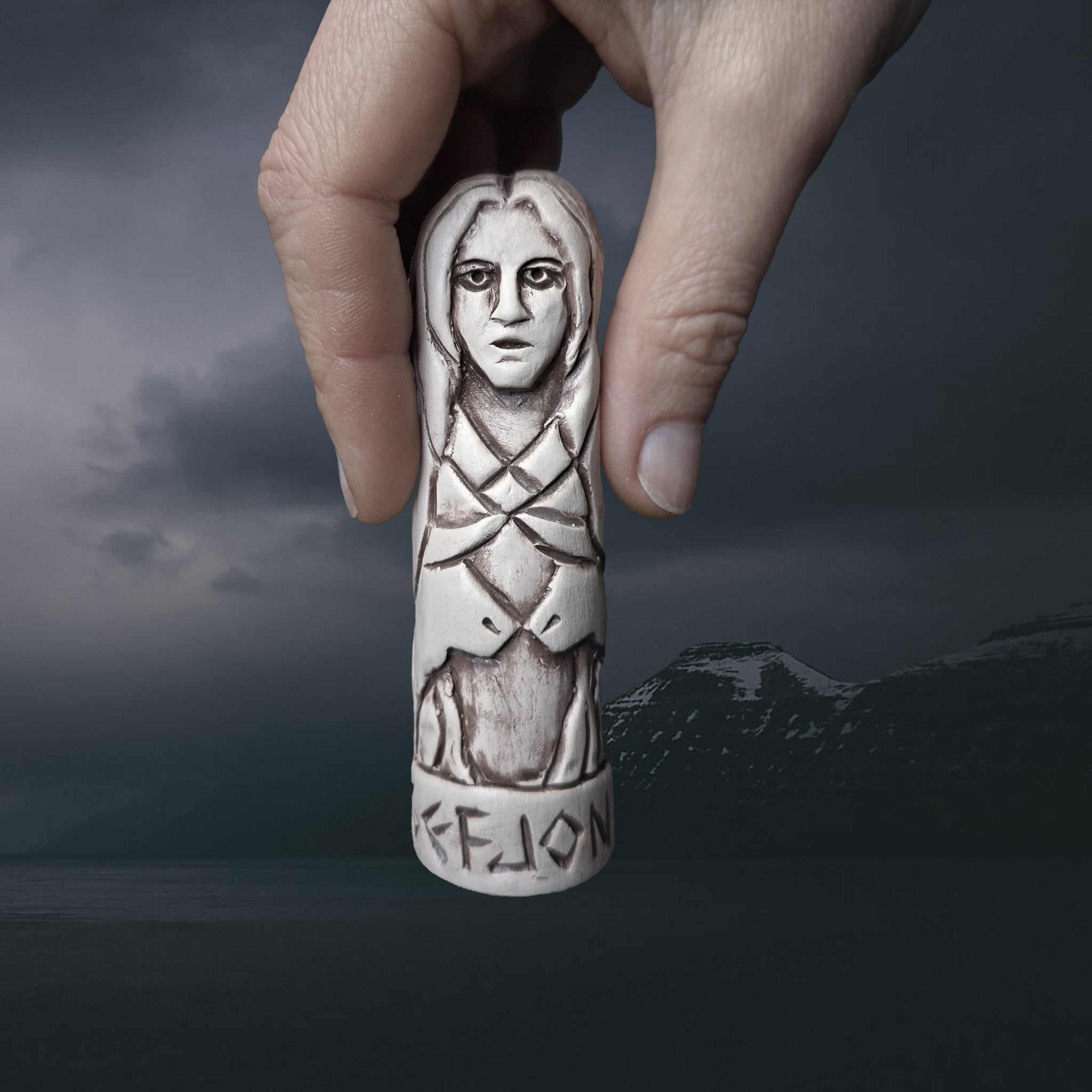 Hand-Crafted Ceramic Norse Goddess Gefjon Statuette in Hand for Scale