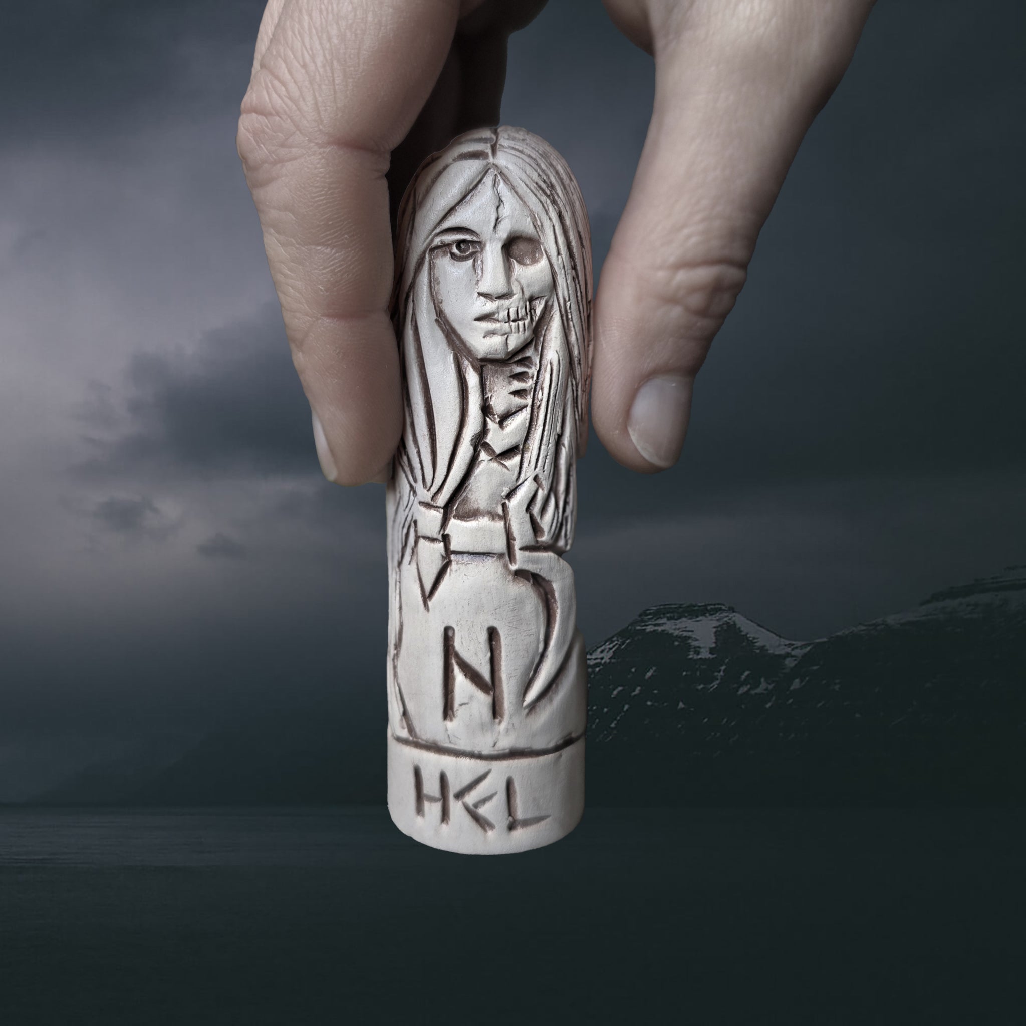 Hand-Crafted Ceramic Norse Goddess Hel Statuette in Hand for Scale