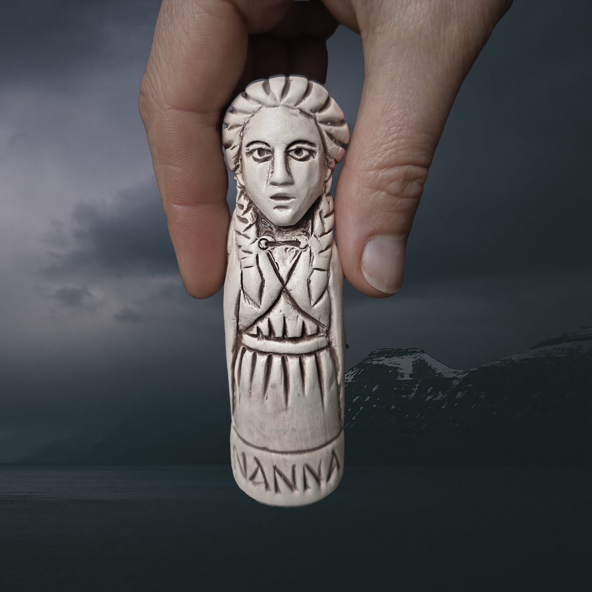 Hand-Crafted Ceramic Norse Goddess Nanna Statuette in Hand for Scale