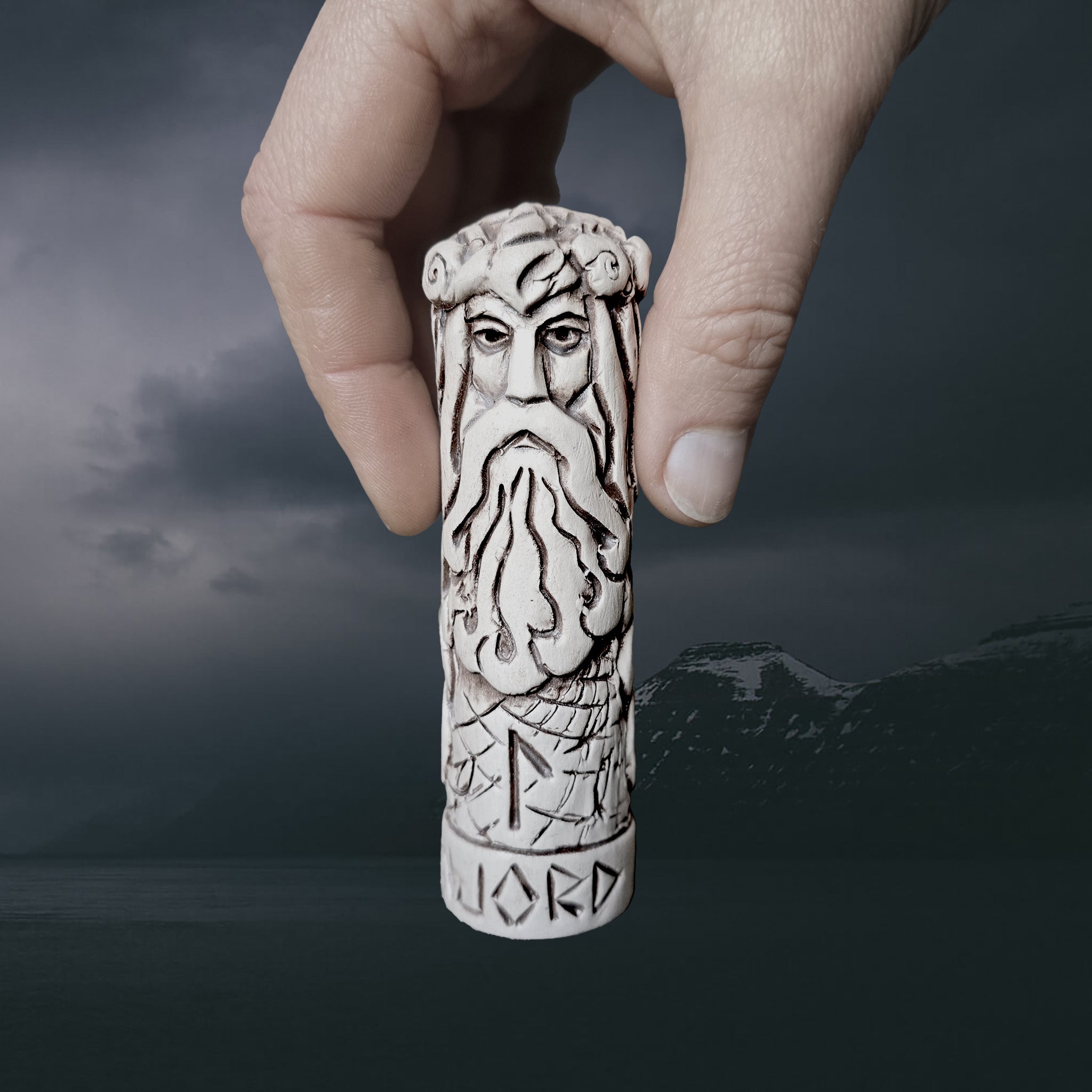 Hand-Crafted Ceramic Norse God Njord Statuette in Hand for Scale