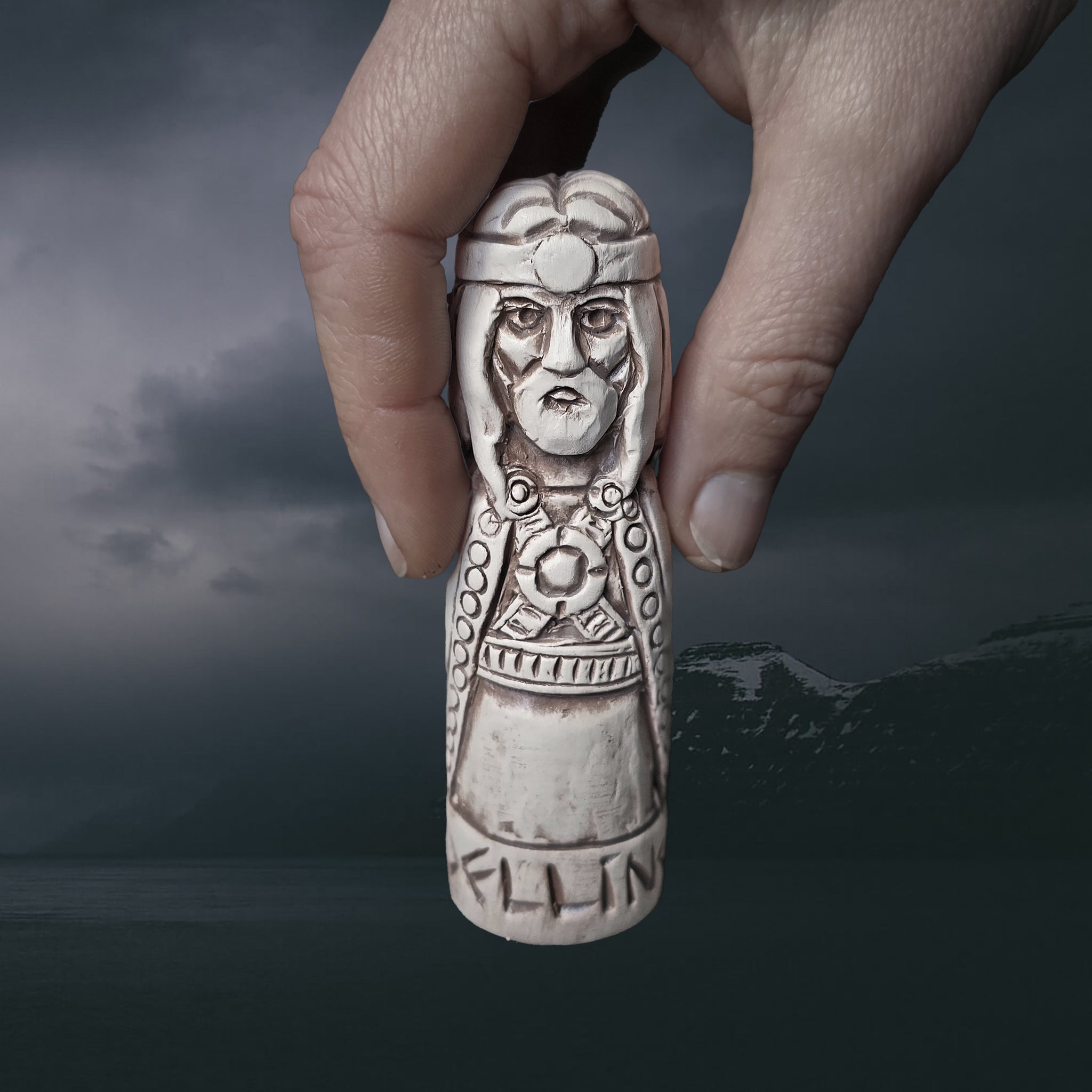 Statuette of the Norse God Delling in Hand-Crafted Clay with Hand For Scale