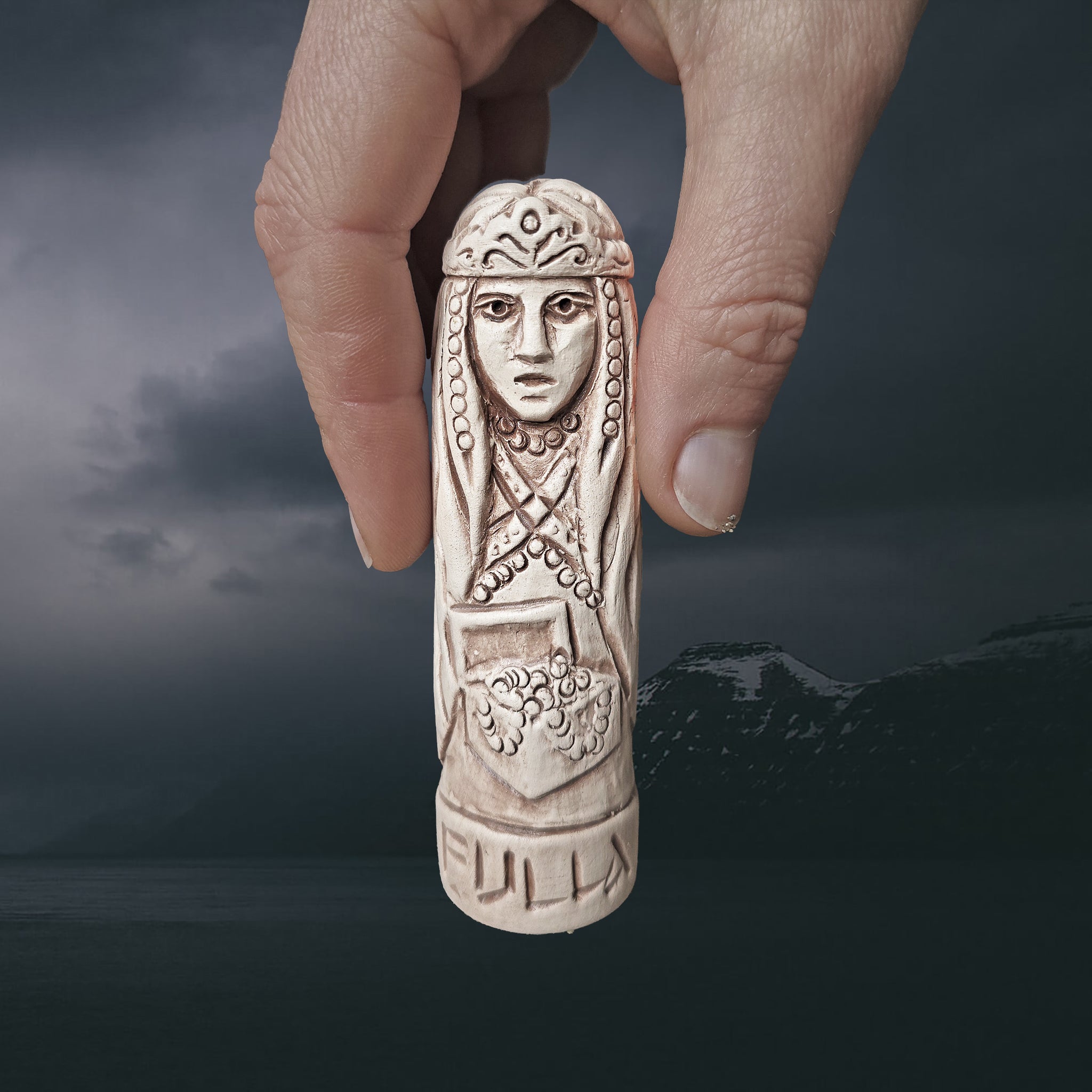 Statuette of the Norse Goddess Fulla in Hand-Crafted Clay in Fingers for Scale