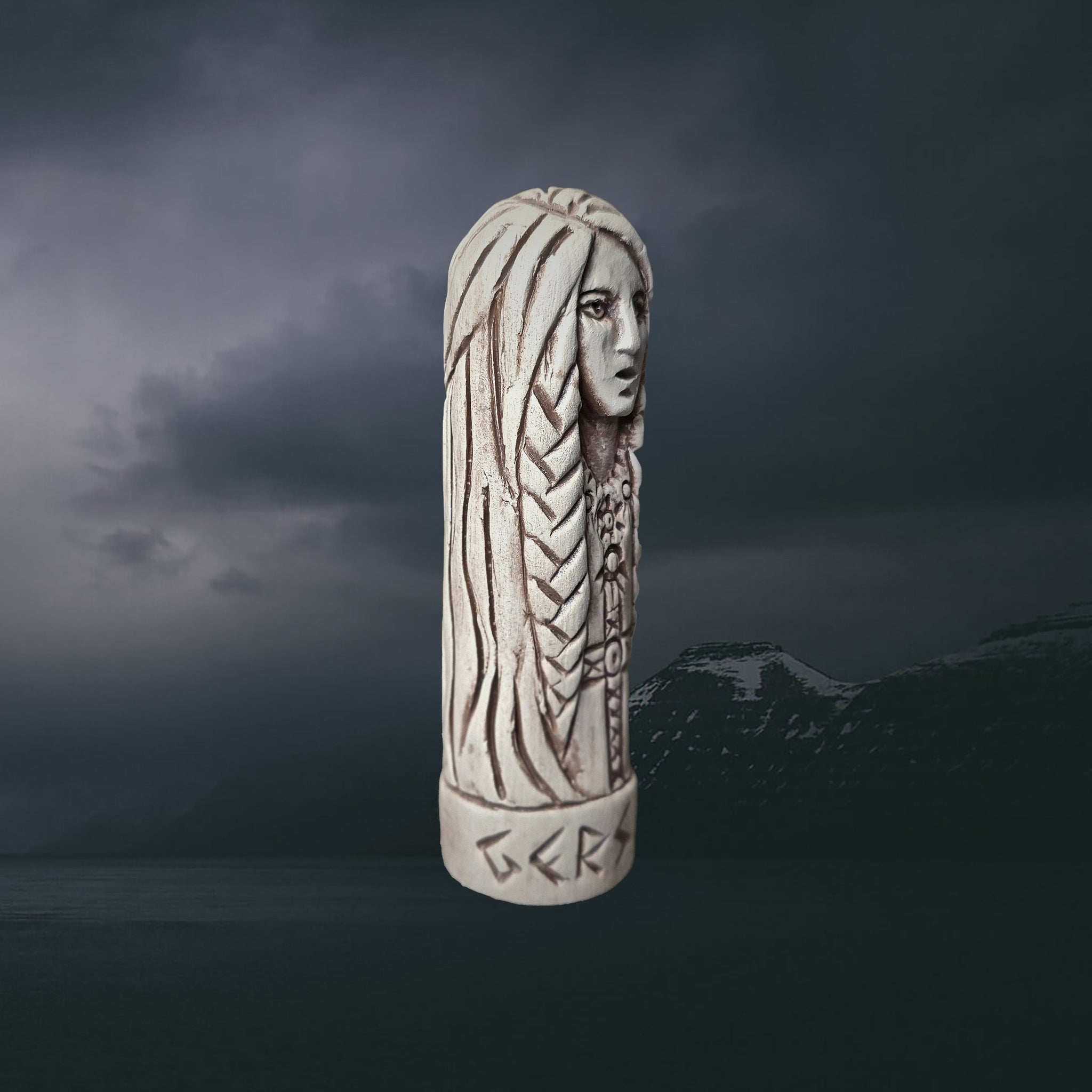 Statuette of the Norse Goddess Gersimi (Gersemi) in Hand-Crafted Clay - Right Side Angle View