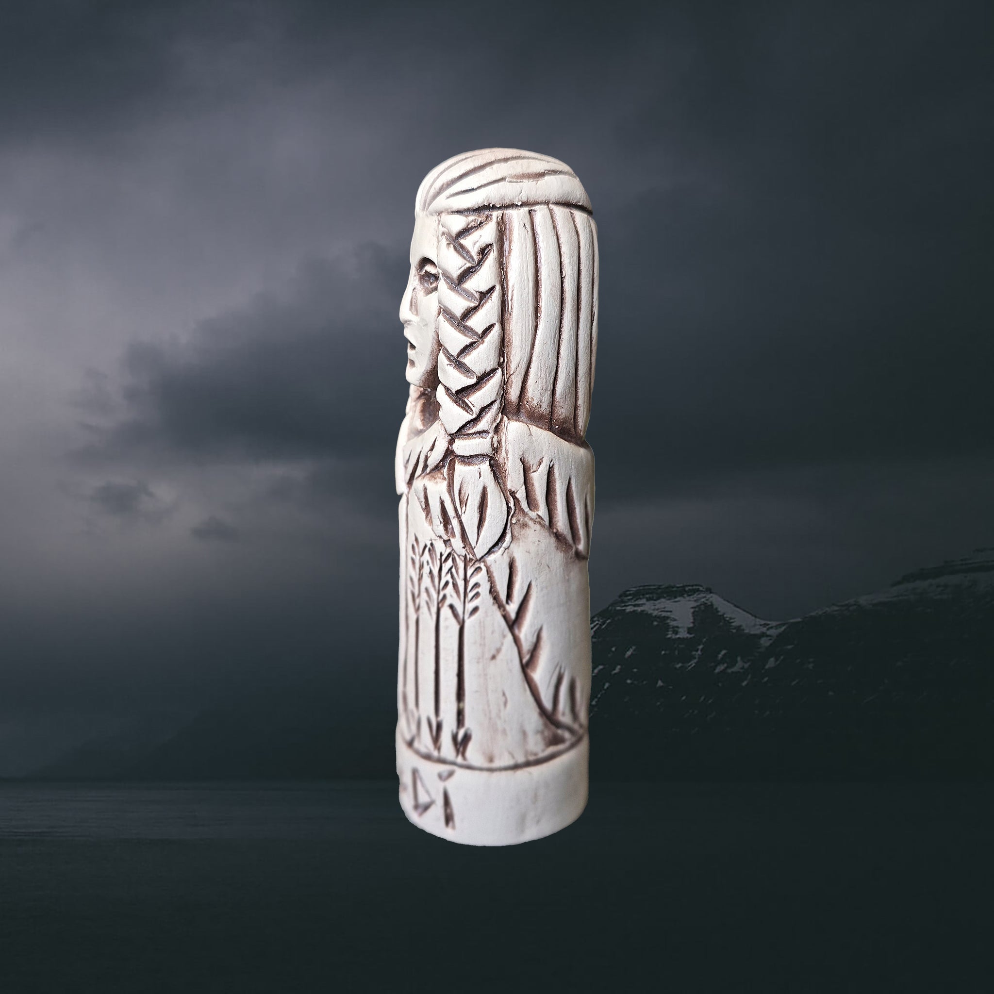 Statuette of the Norse Goddess Skadi in Hand-Crafted Clay - Left Side View