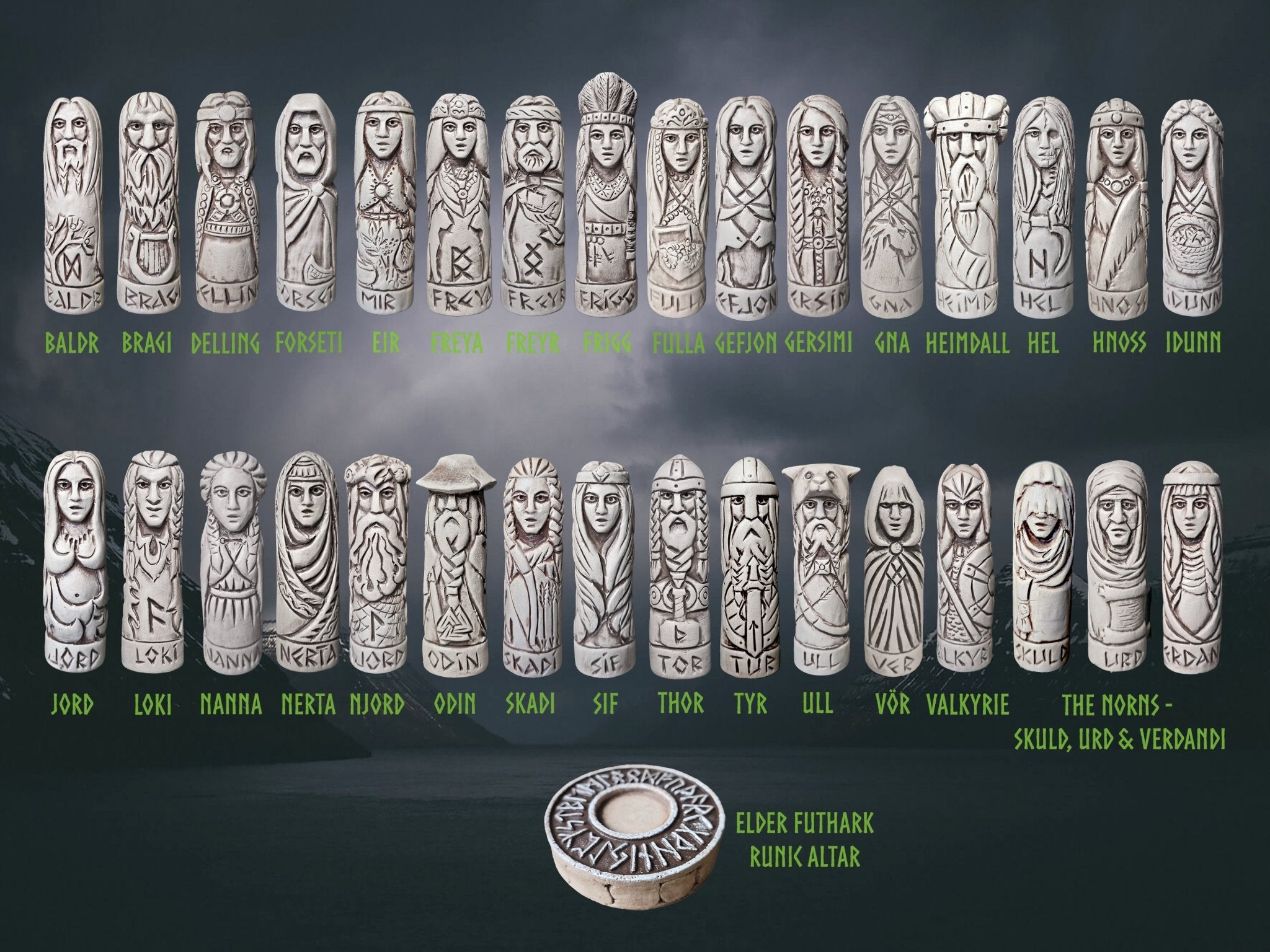 Hand-Crafted Ceramic Ultimate Norse Gods Collection with Elder Futhark Runic Altar - Including All Names