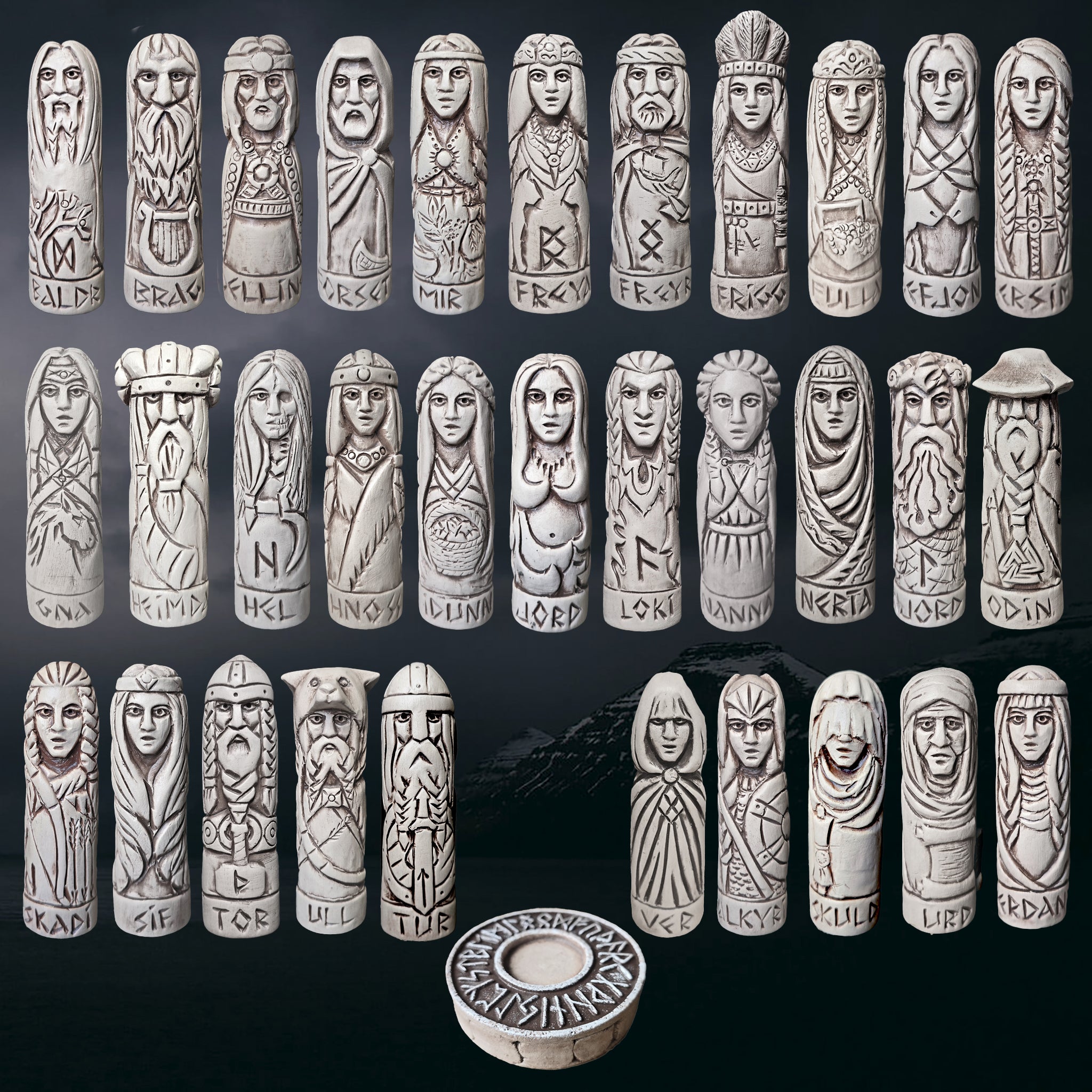 Hand-Crafted Ceramic Ultimate Norse Gods Collection with Elder Futhark Runic Altar