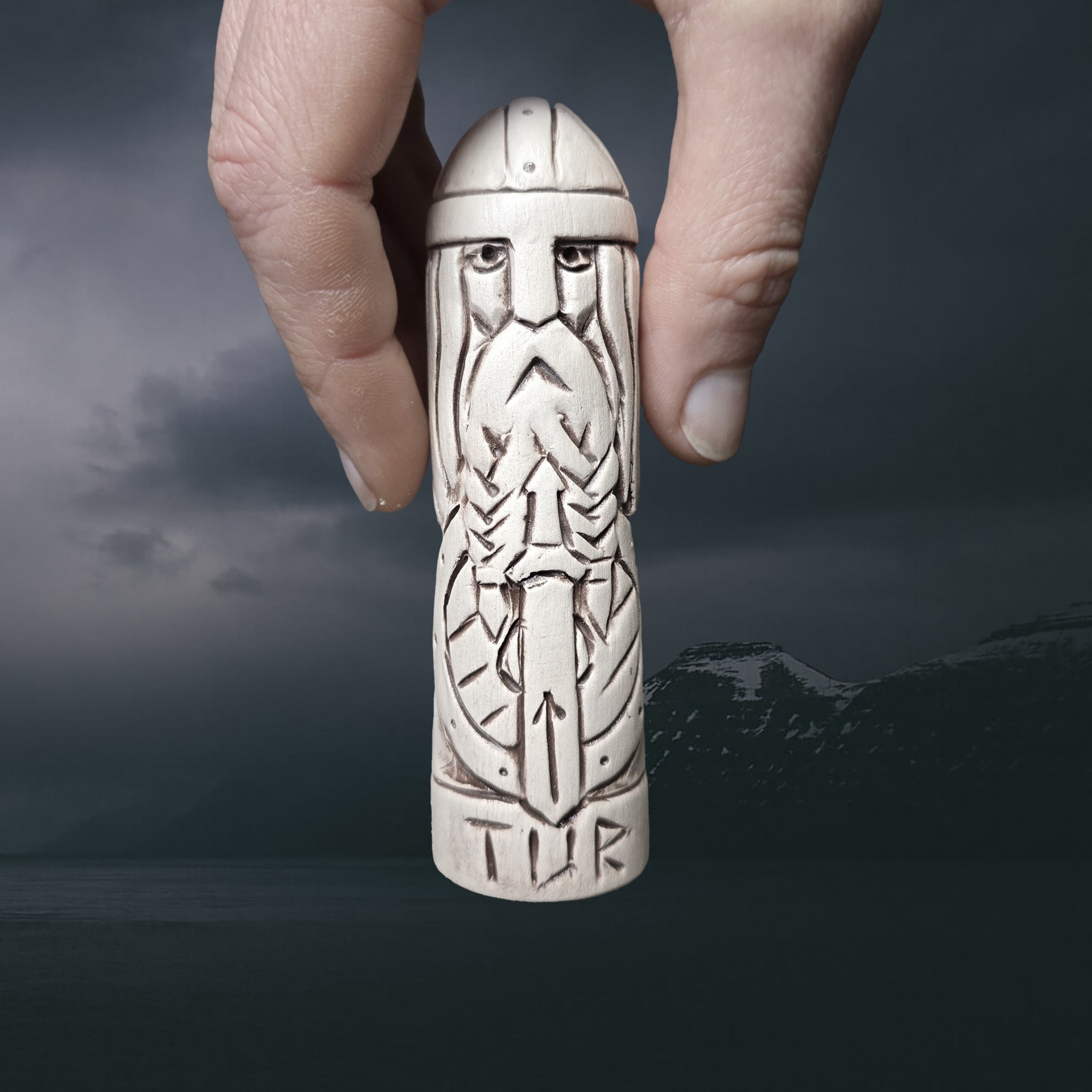 Hand-Crafted Ceramic Norse God Tyr Statuette in Hand for Scale