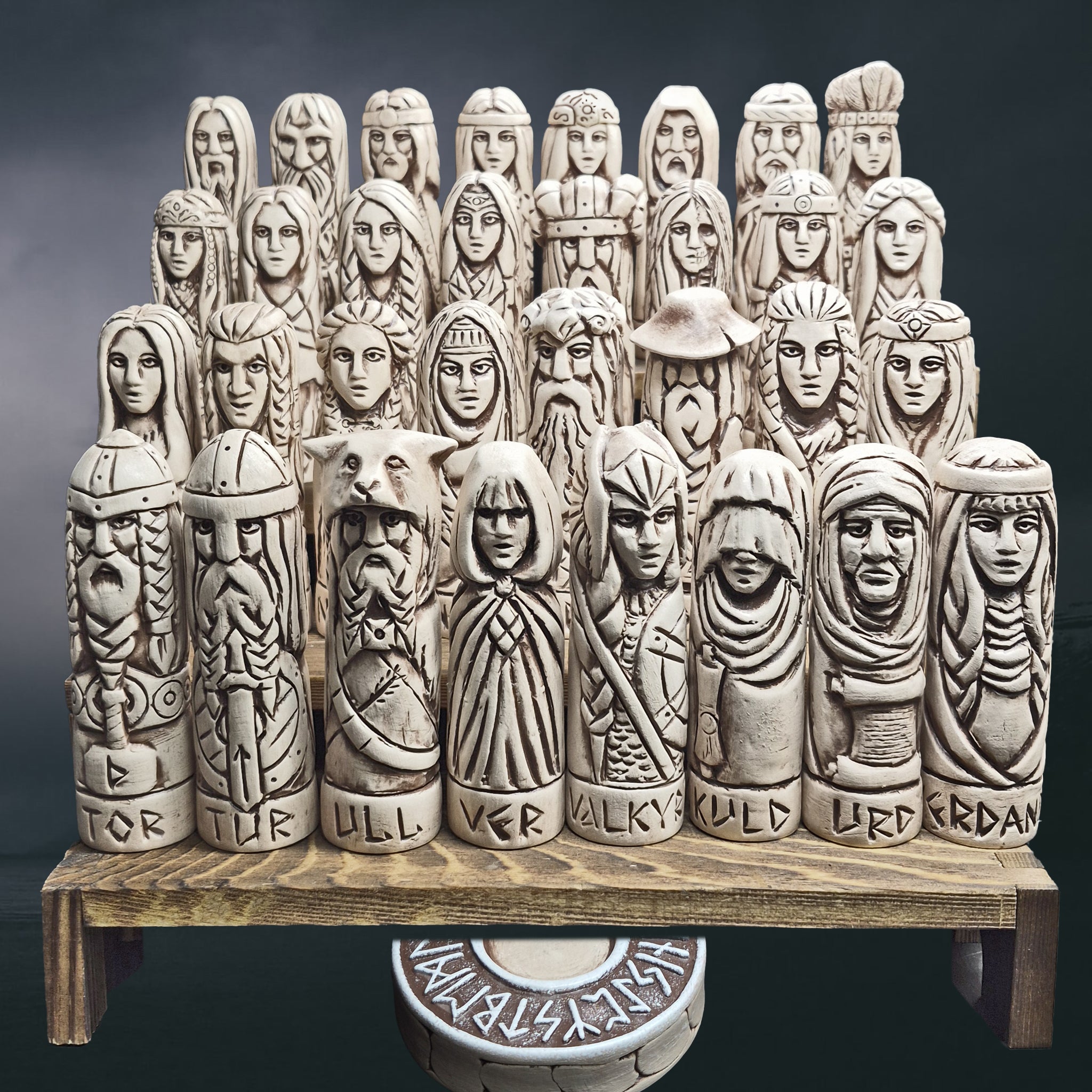 Hand-Crafted Ceramic Ultimate Norse Gods Collection on Display Stands with Runic Elder Futhark Runic Altar