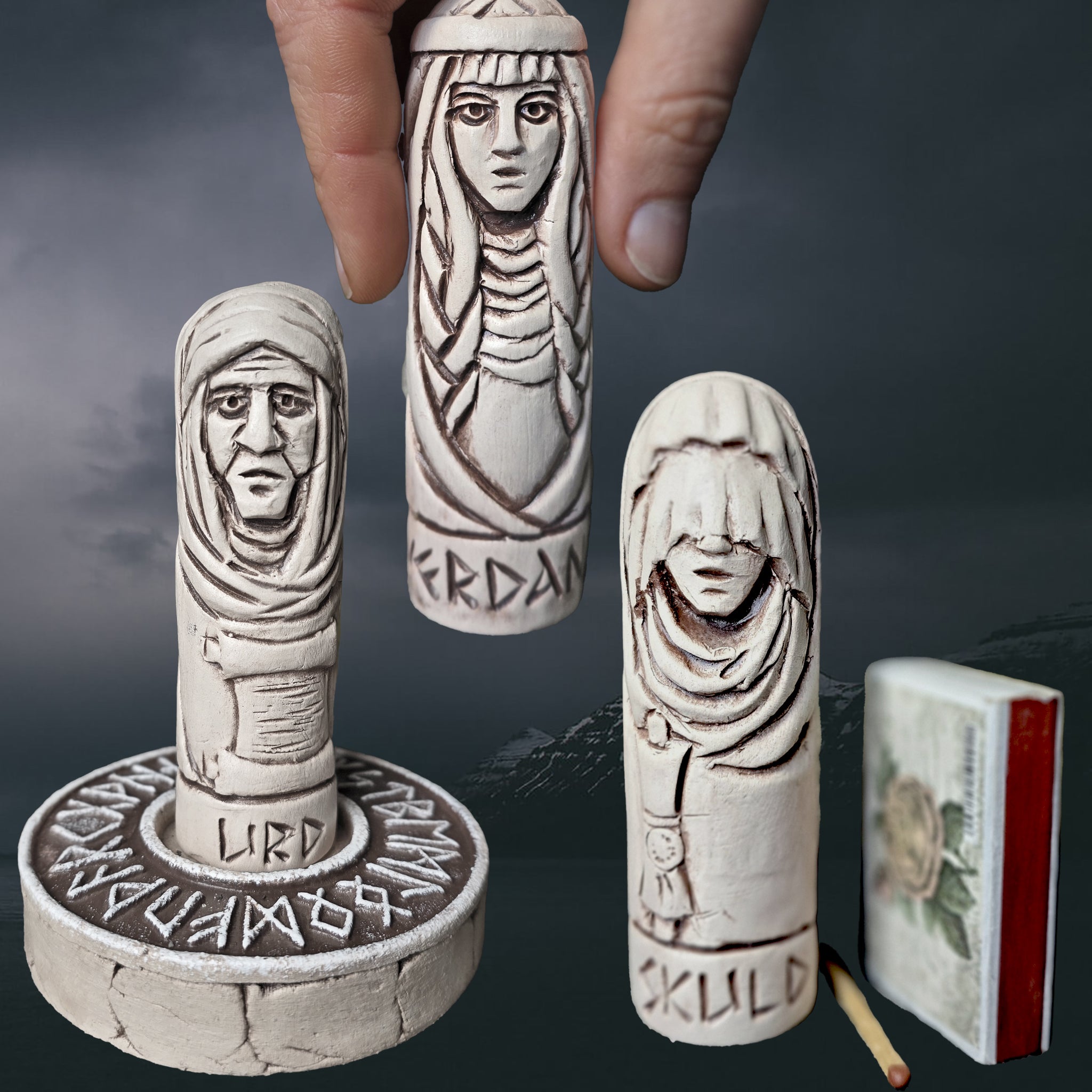 Hand-Crafted Ceramic Norns Statuettes - Urd, Verdandi & Skuld with Objects for Scale