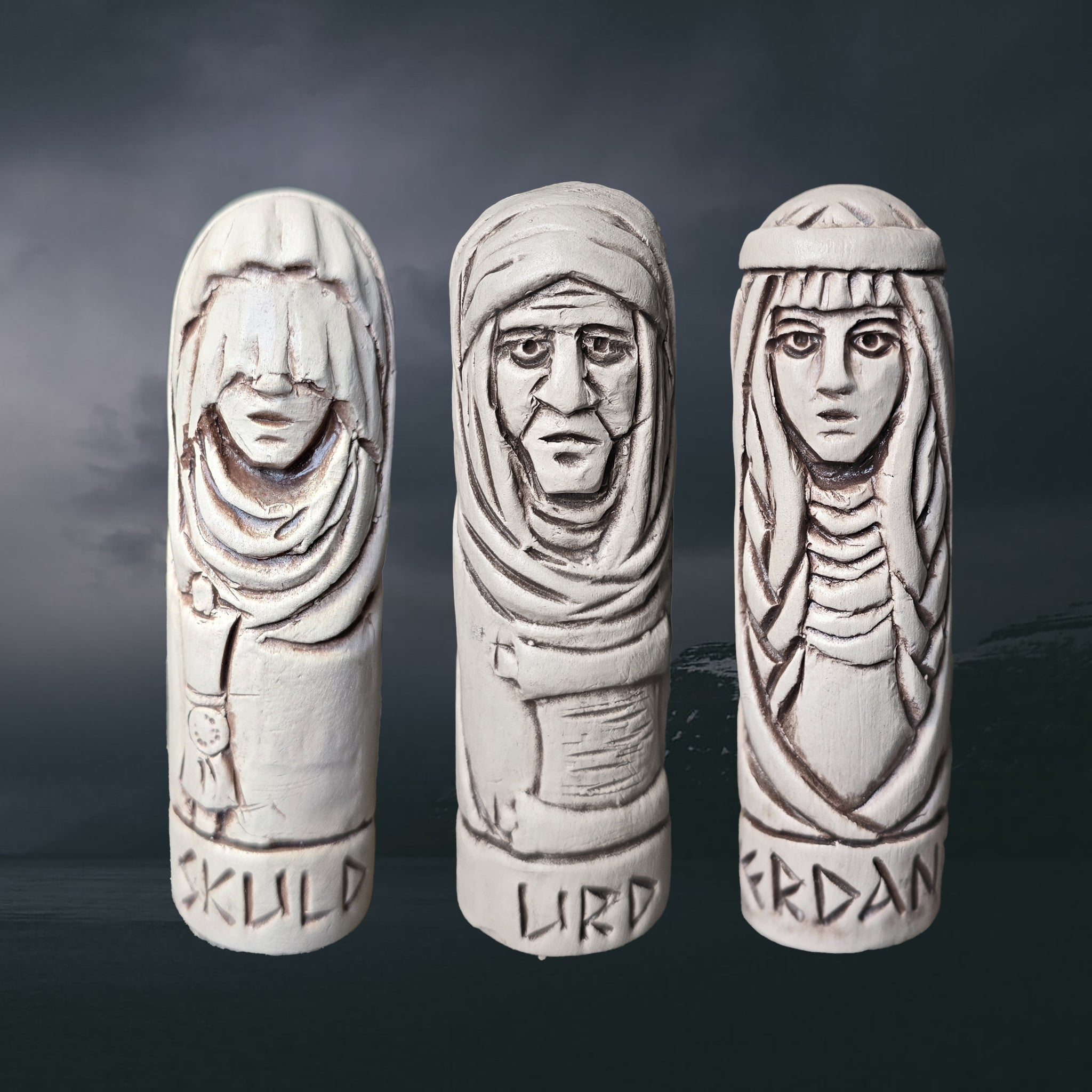 Hand-Crafted Ceramic Norns Statuettes - Skuld, Urd & Verdandi