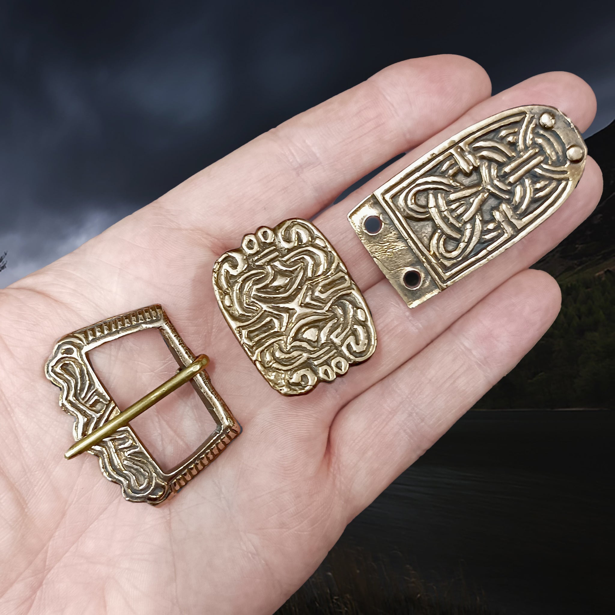 Replica Viking Buckle, Strap End &amp; Slider in Solid Bronze in the Norwegian Borre Style on Hand