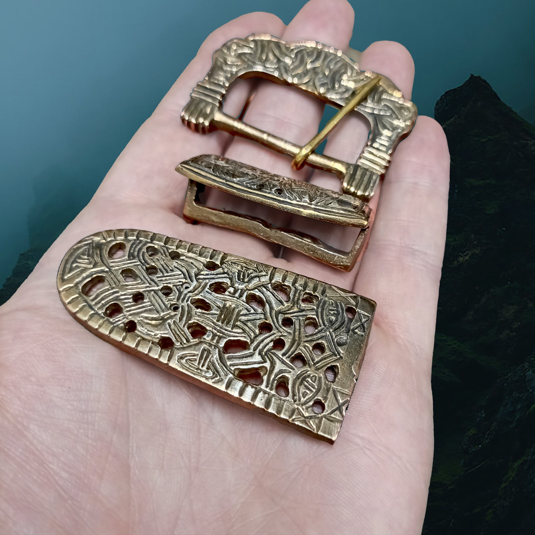 Replica Viking Buckle Set Found in the Gokstad Ship Burial, Norway, 9th Century in Solid Bronze on Hand - Angle View 