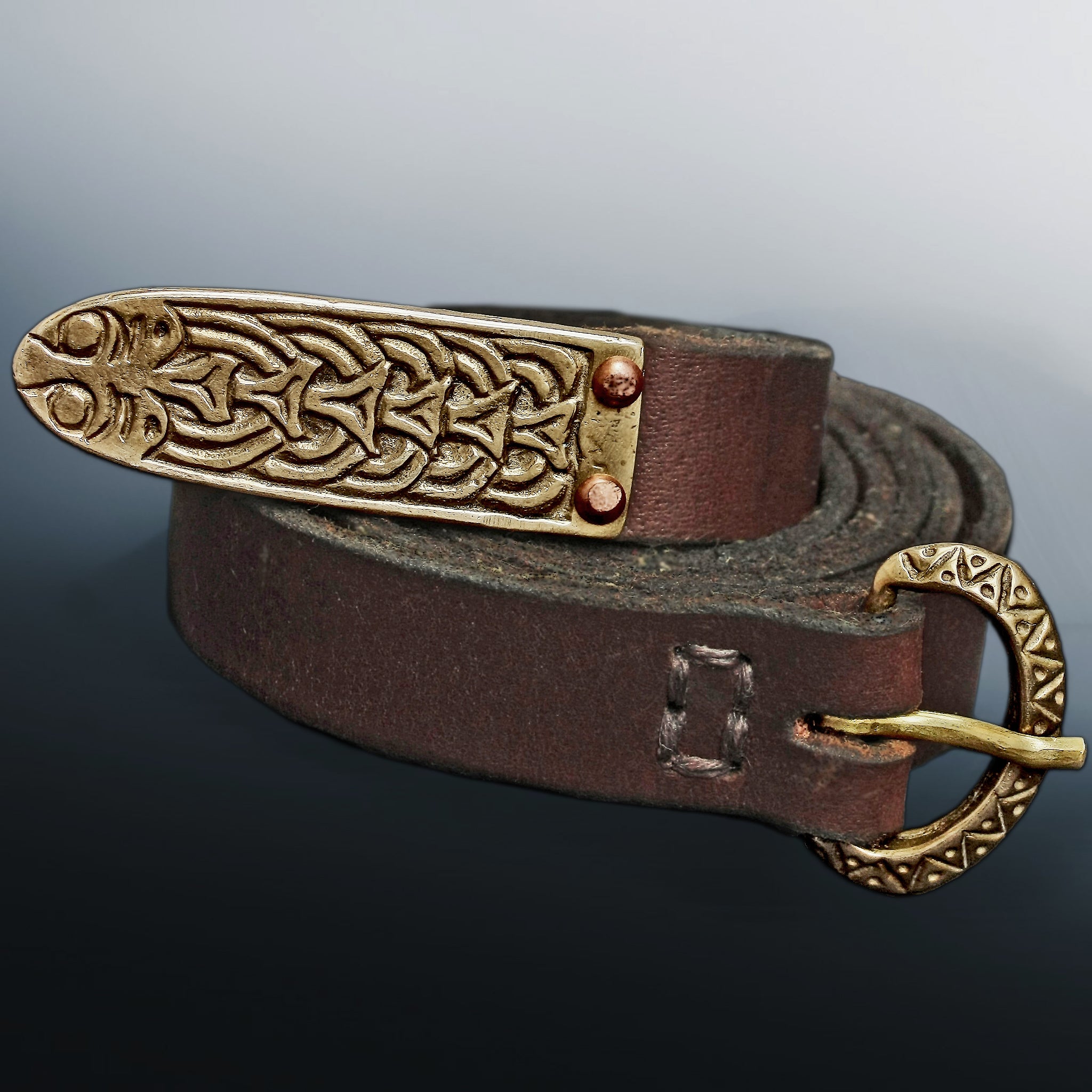 Large Viking Strap End Replica from Borre, Norway on Brown Leather Belt with Bronze Medieval Zig Zag Buckle