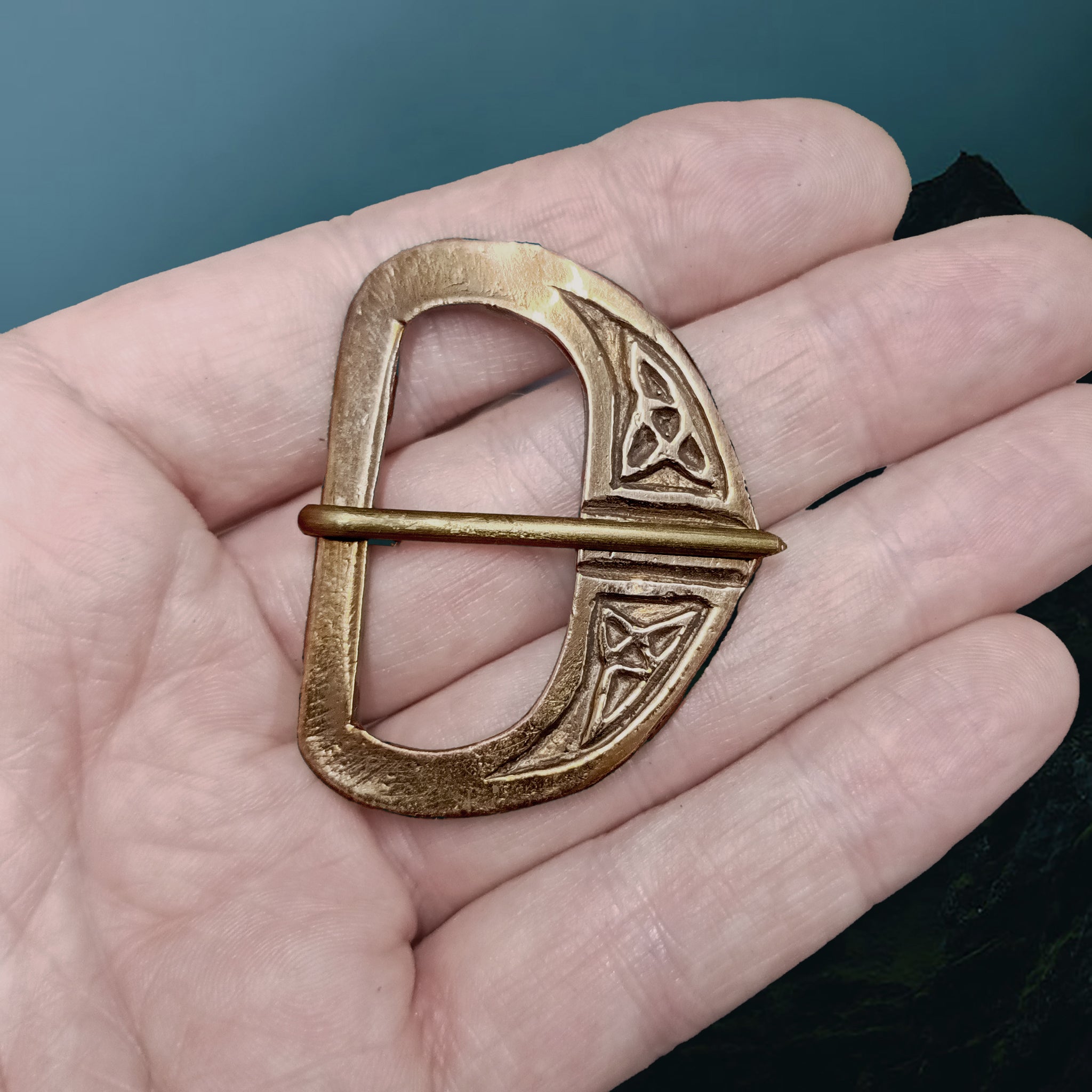 9th - 11th Century Replica Viking Bronze Buckle with Knotwork Design on Hand