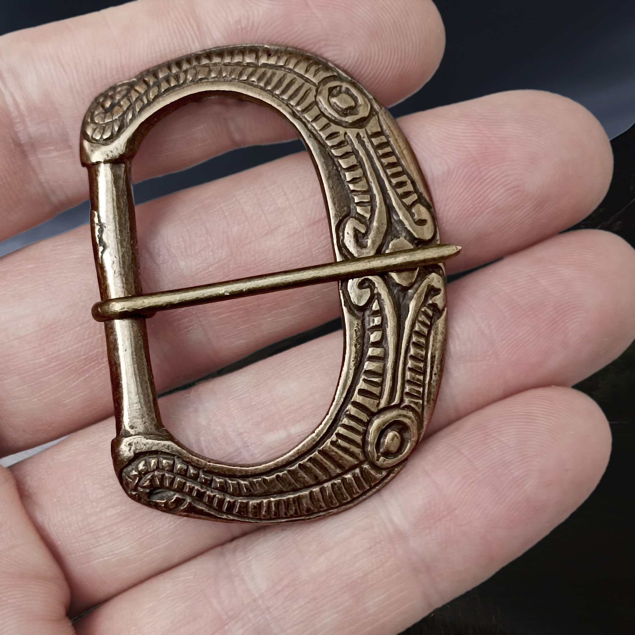9th - 10th Century Large Ornate Bronze Replica Viking Buckle on Hand