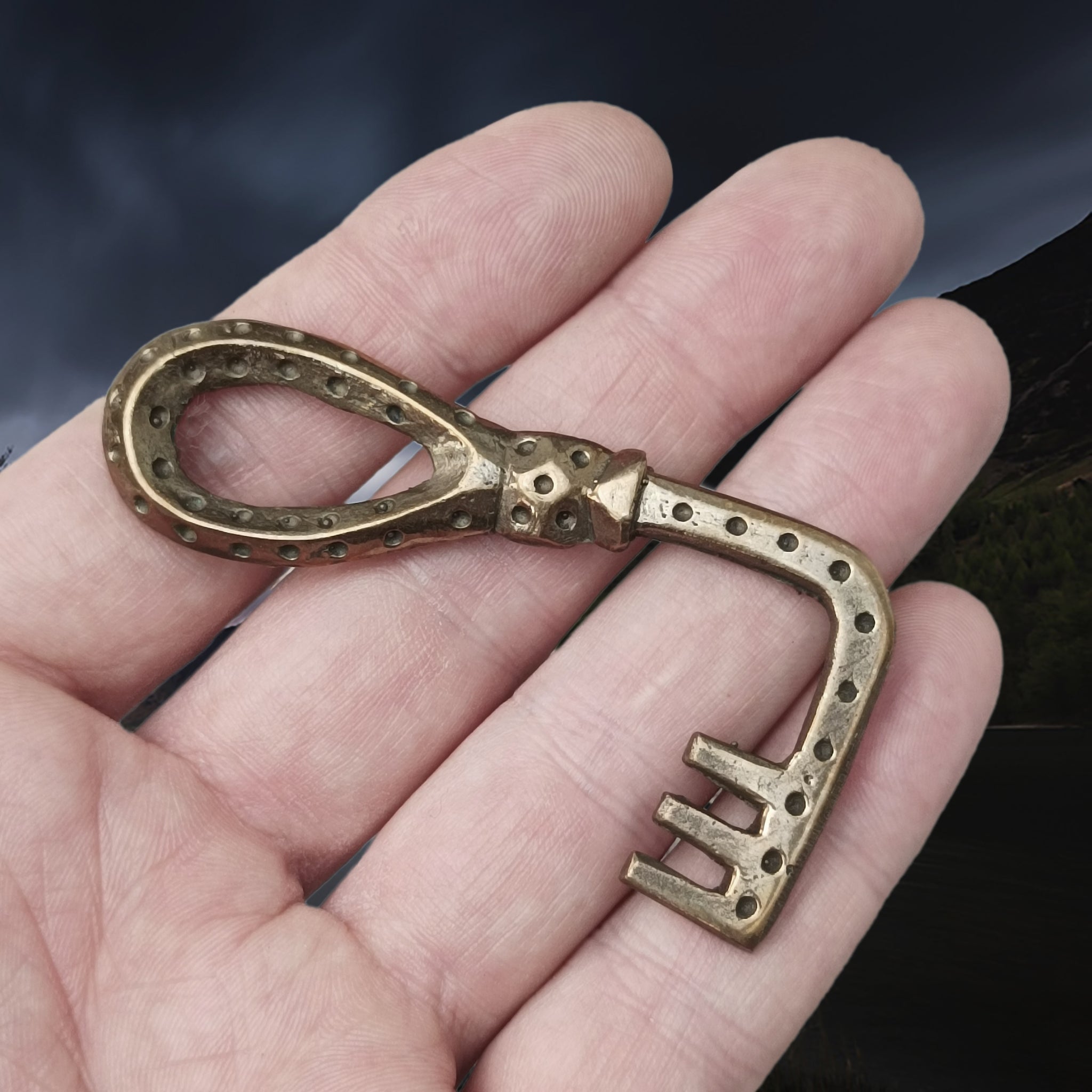 Large Bronze Viking Casket Key on Hand - Other Side