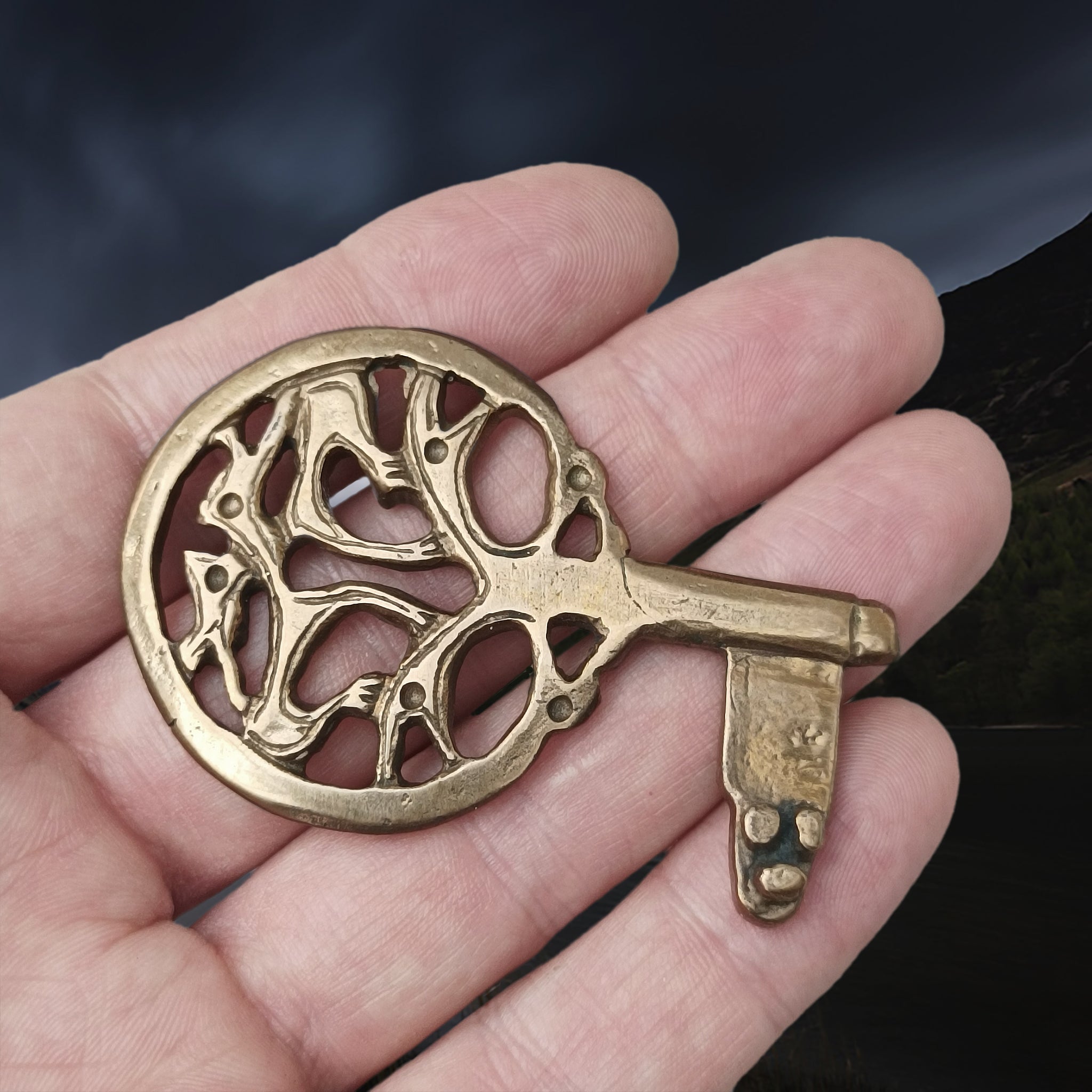 Large Bronze Round Viking Key from Uppakra on Hand