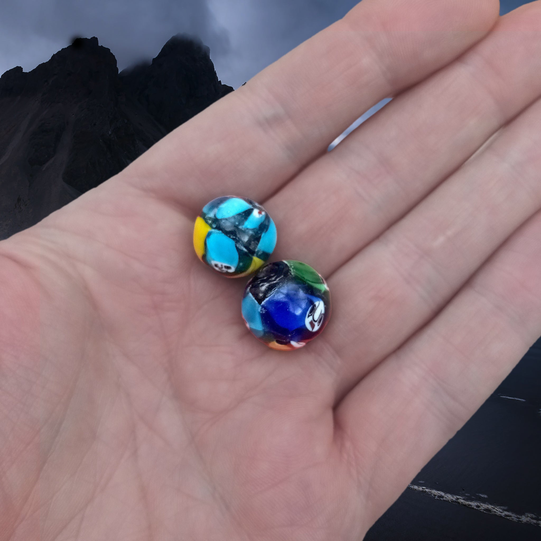Hand-Painted Glass Replica Viking Beads from Birka on Hand x 2