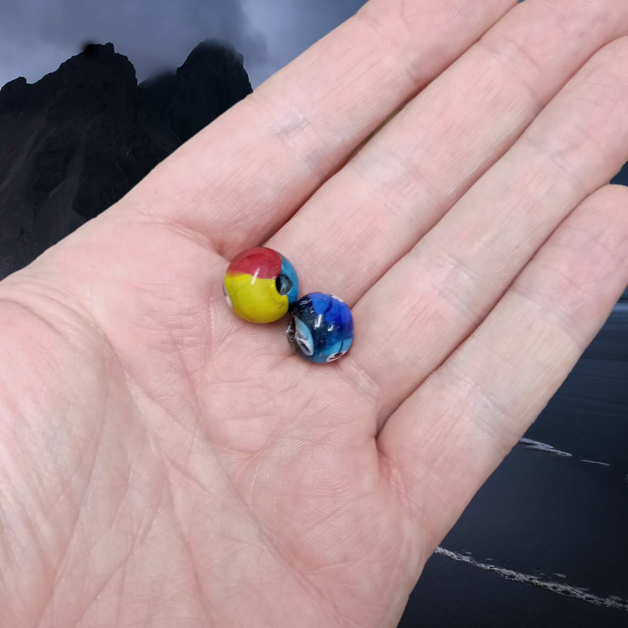 Small Hand-Painted Glass Replica Viking Beads from Birka on Hand x 2