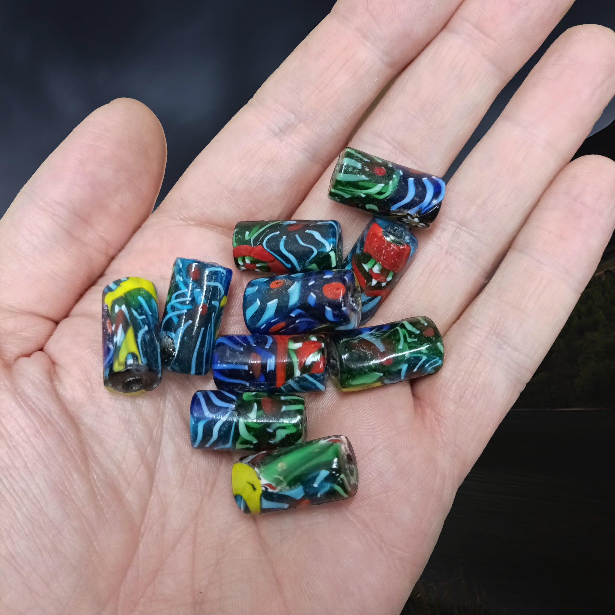 Tubular Hand-Painted Glass Replica Viking Beads from Birka on Hand x 10 different colours