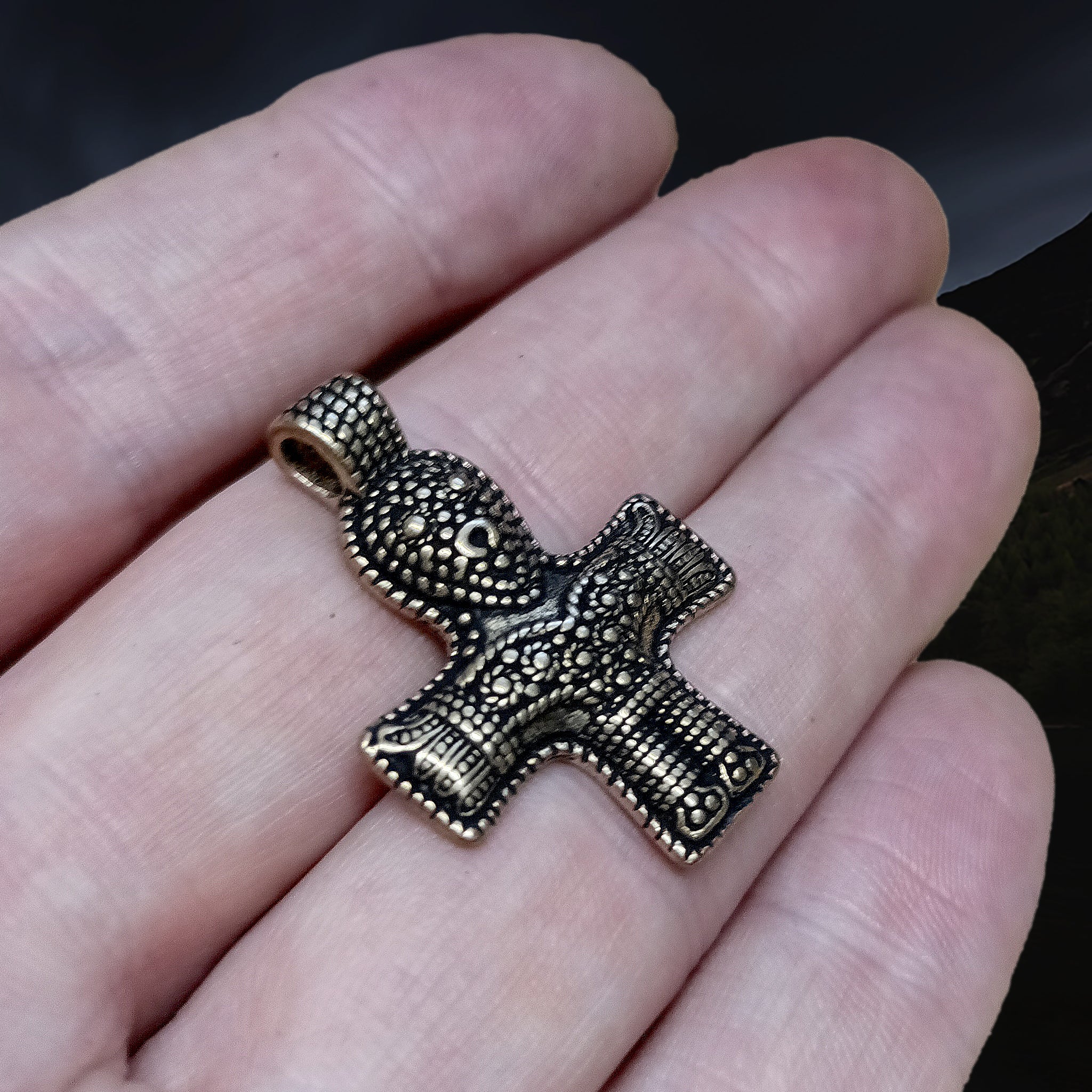 Bronze Crucifix Pendant from Denmark on Hand - Angle View - Viking Jewelry