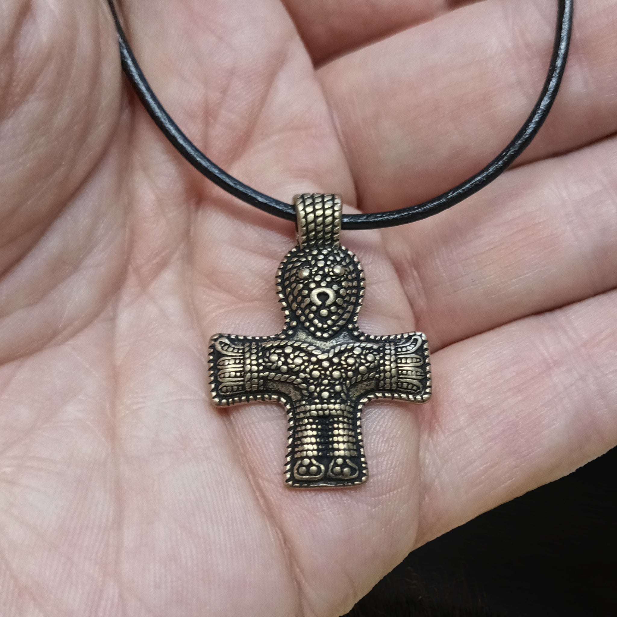 Bronze Crucifix Pendant from Denmark on Leather Thong on Hand- Viking Jewelry