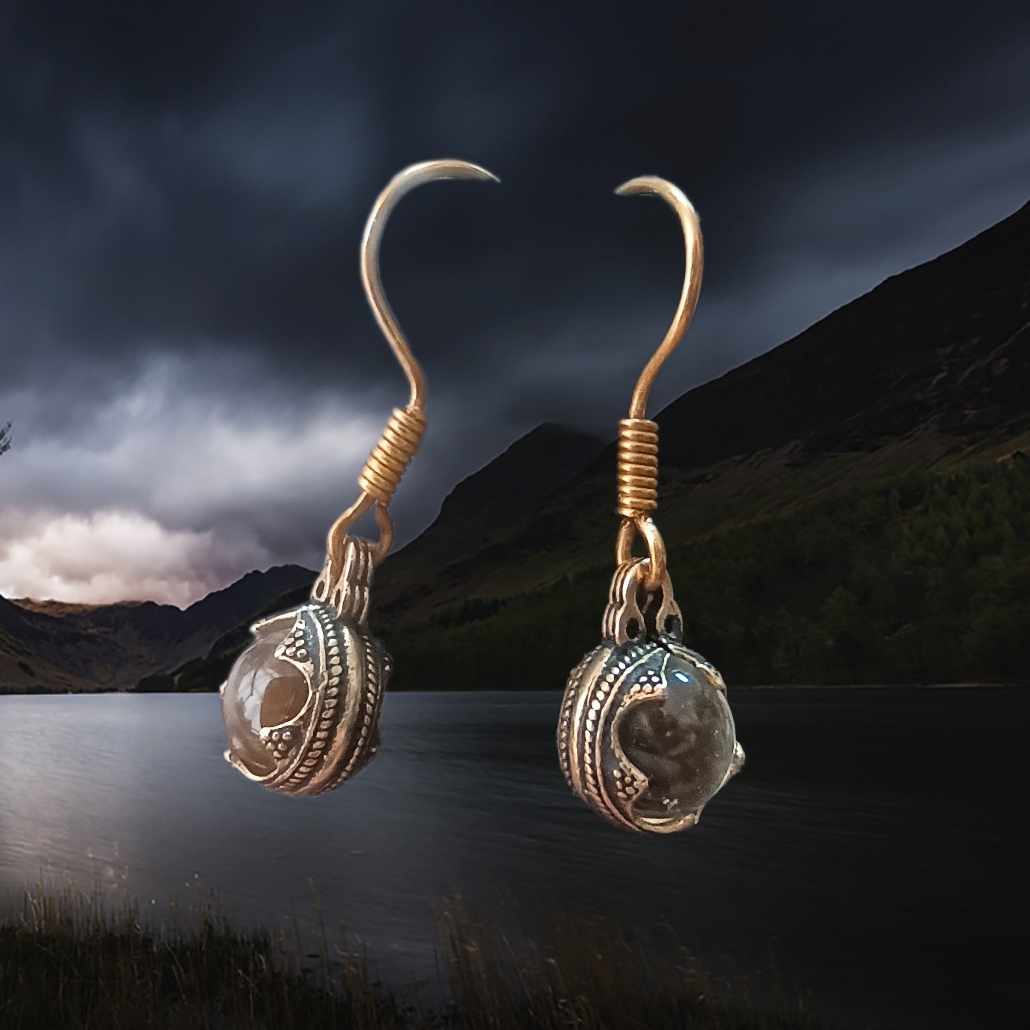 Gotlandic Crystal Ball Viking Earrings Suspended From a Bronze Wire with Decorated Bronze Casing - Different Angles