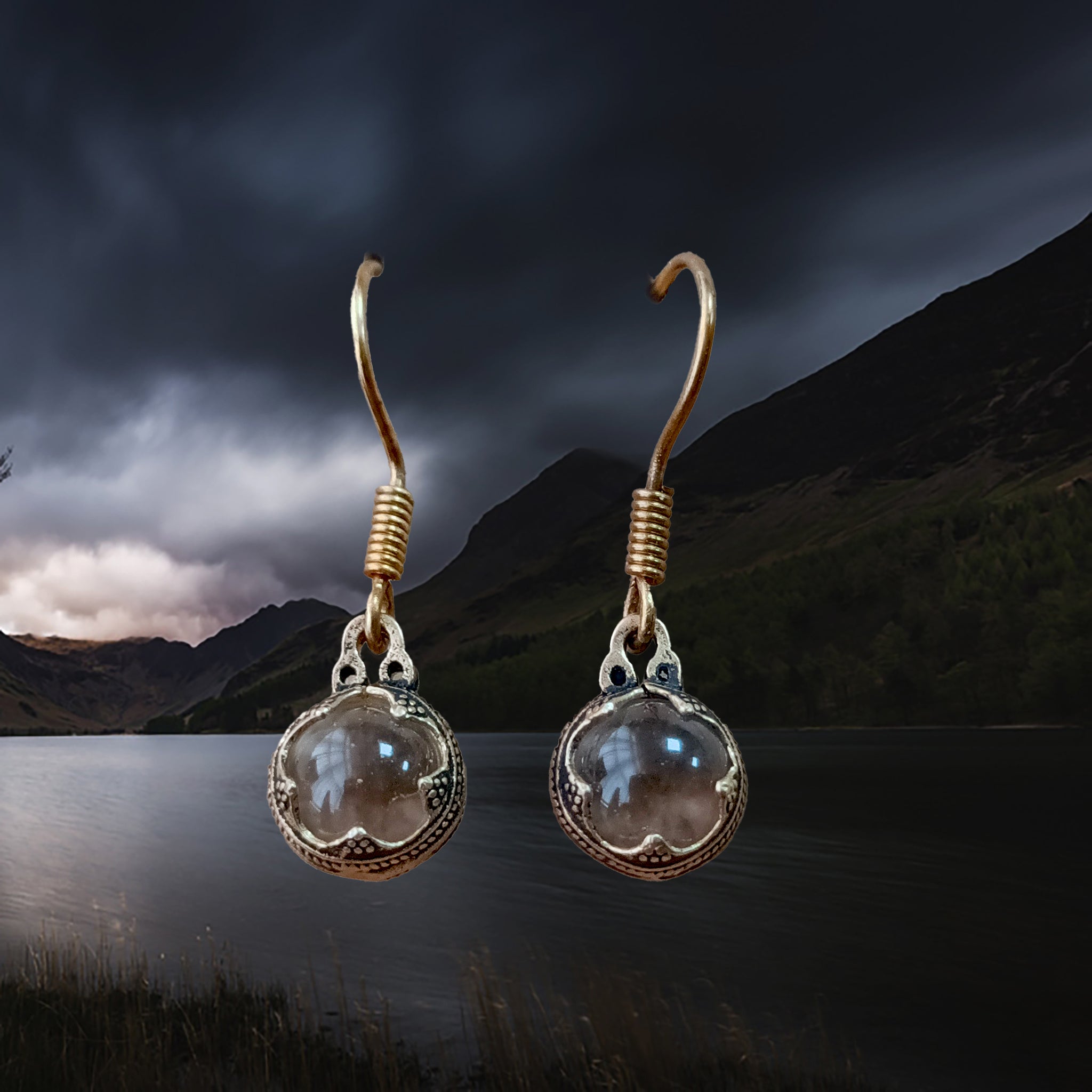 Gotlandic Crystal Ball Viking Earrings Suspended From a Bronze Wire with Decorated Bronze Casing