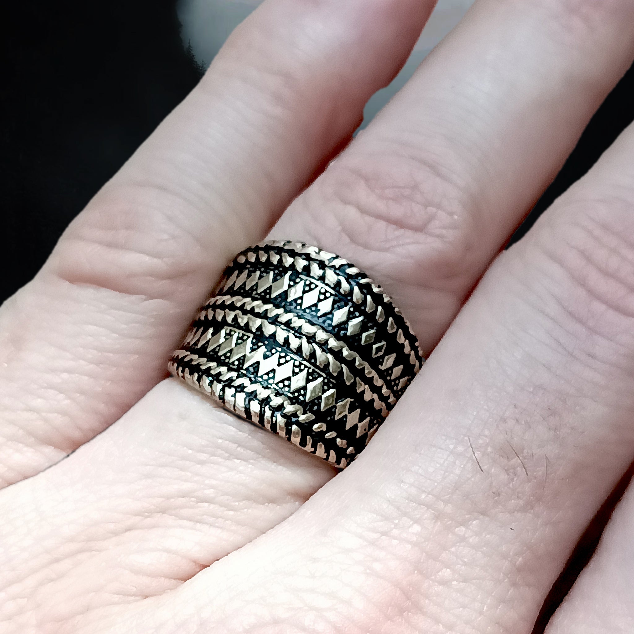 Bronze Replica Ring with Decorated Viking Design on Finger