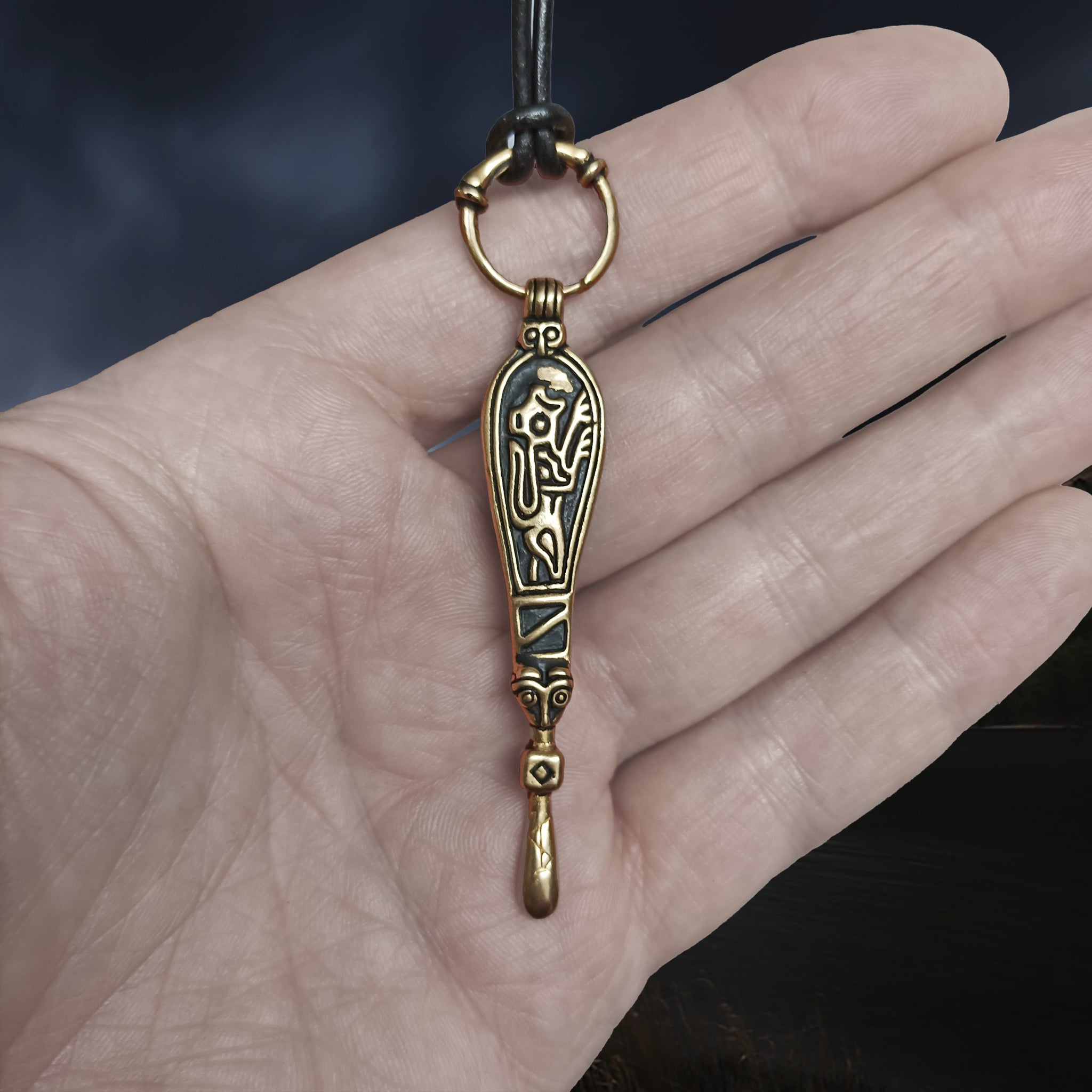 Bronze Ear Spoon Viking Pendant with Ring Hanger on Leather Thong - Reverse Side with Animal Depiction
