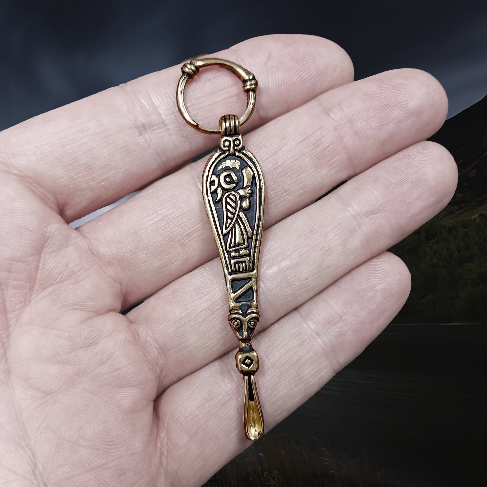 Bronze Ear Spoon Viking Pendant with Ring Hanger & Valkyrie Design on Hand