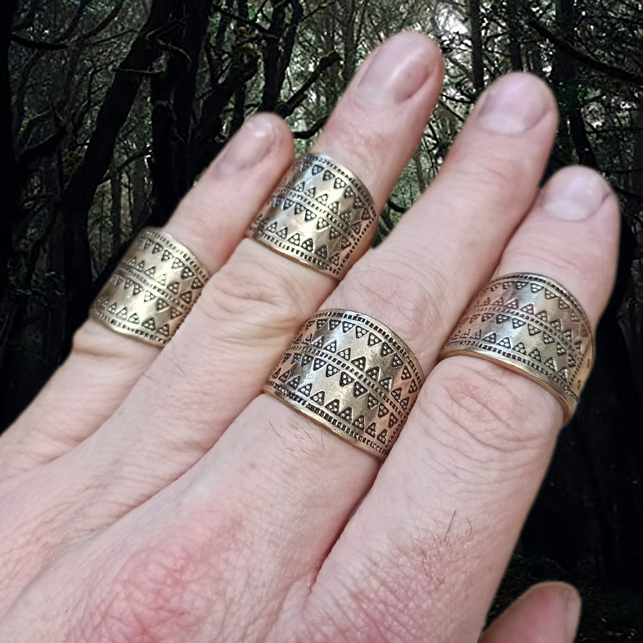Embossed Replica Viking Bronze Rings on Fingers