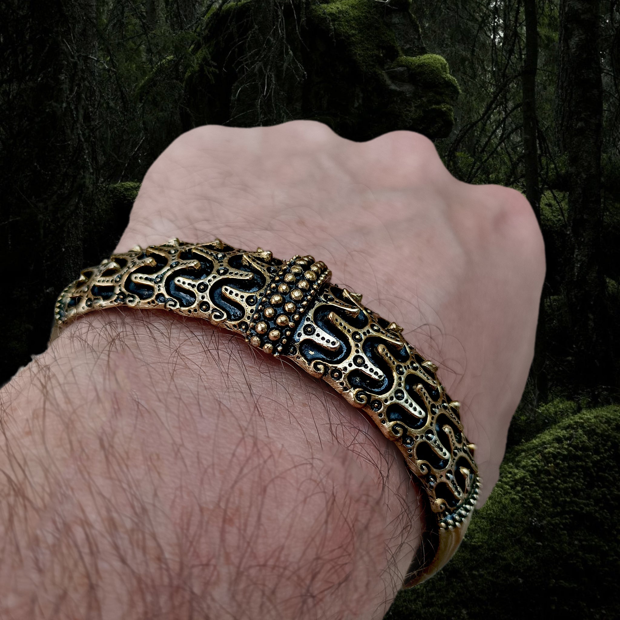 Bronze Replica Viking Bracelet / Arm Ring from Falster on Wrist - Anlge View