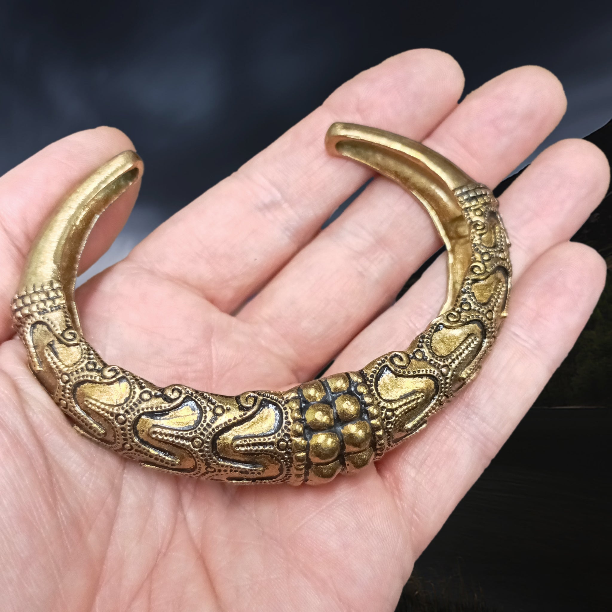 Bronze Replica Viking Bracelet / Arm Ring from Orupgard on Hand - Above Angle View