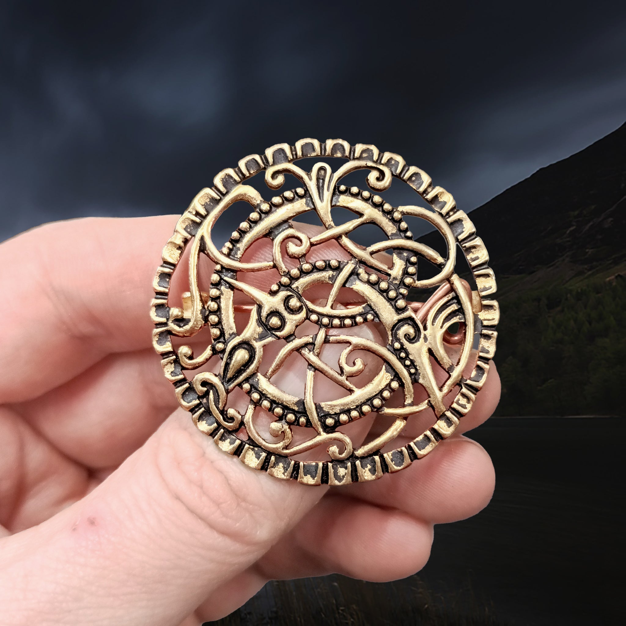 Large Bronze Viking / Saxon Urnes Style Pitney Brooch in Fingers