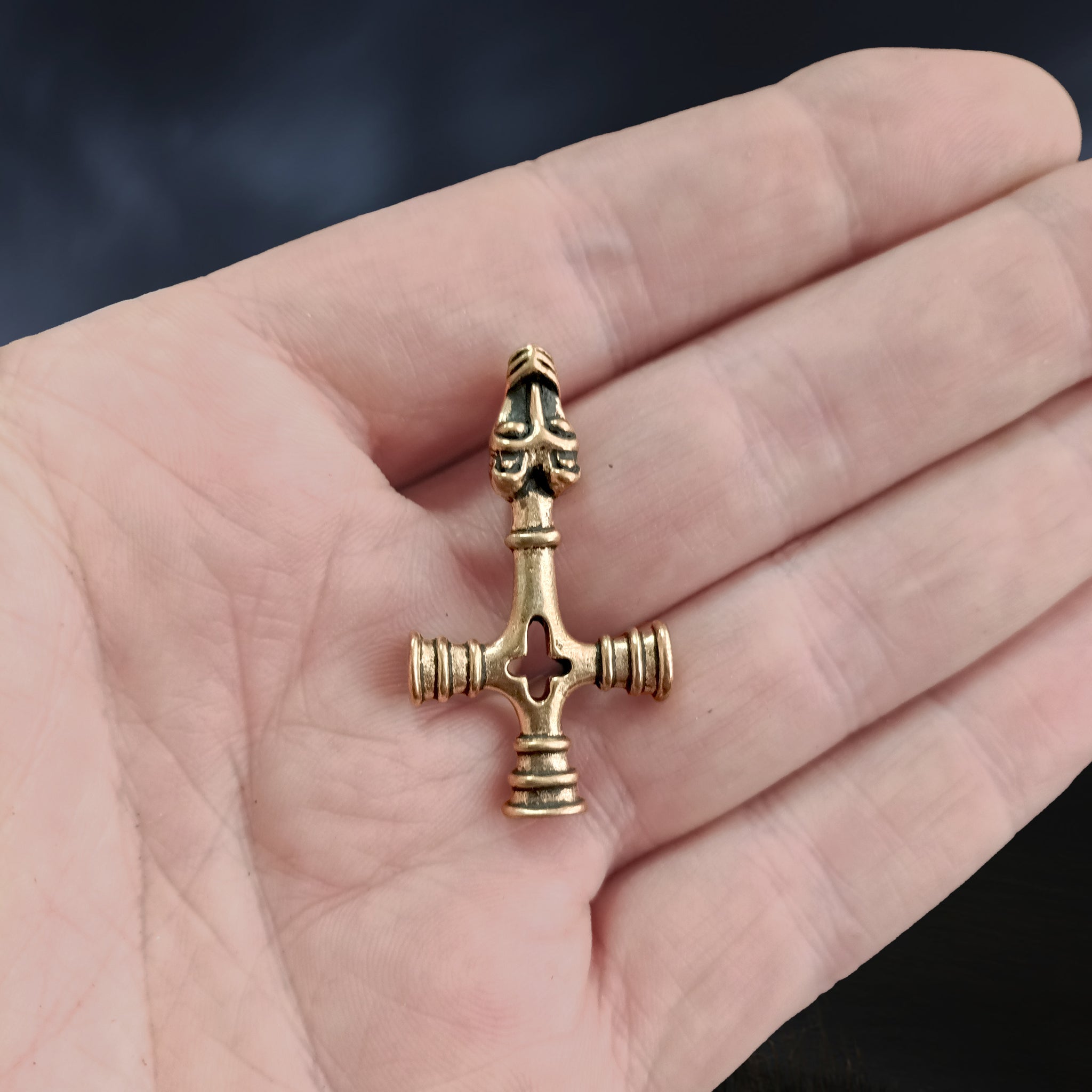 Bronze Wolf Cross Thors Hammer Pendant on Hand 
