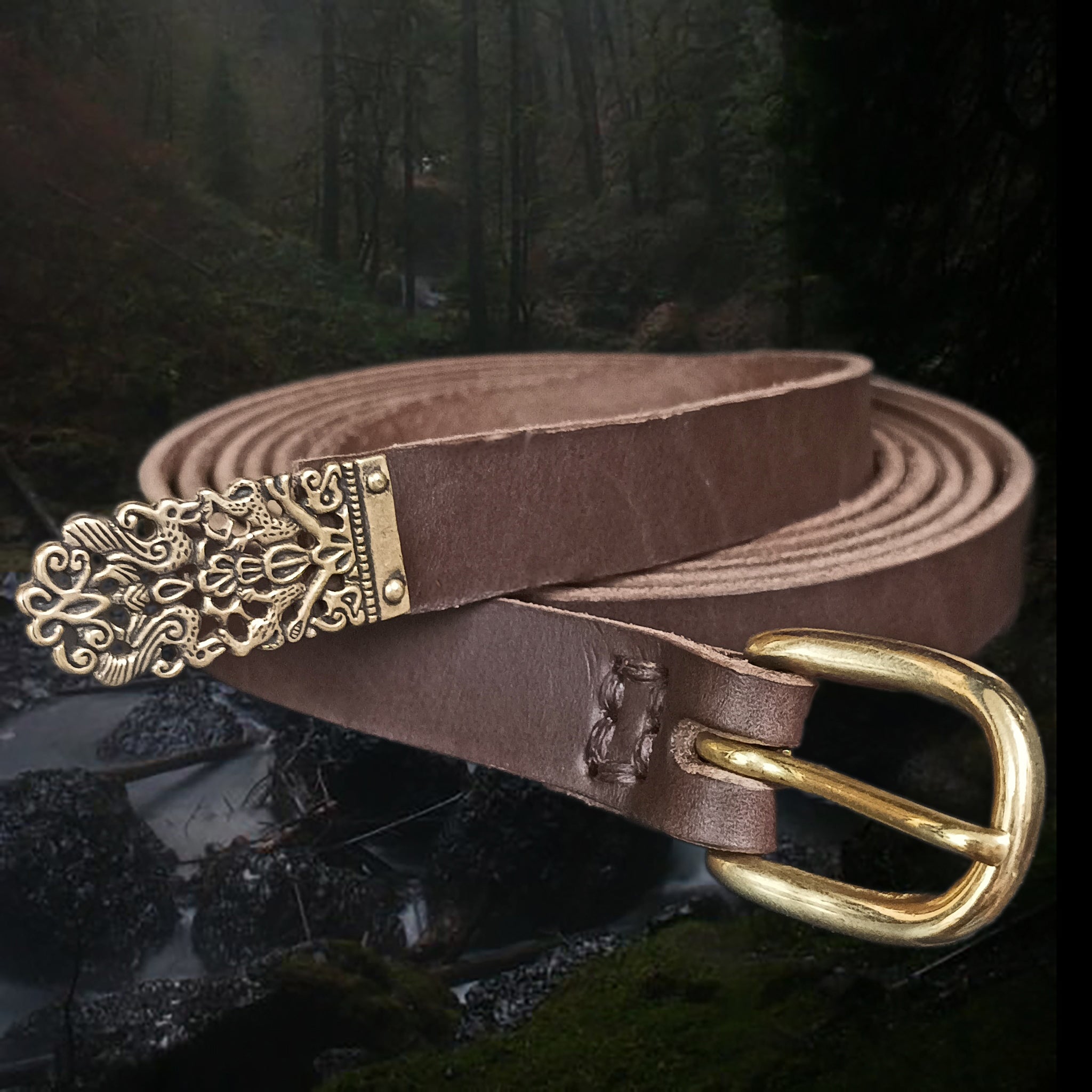 Small Bronze Viking / Saxon Strap End from Winchester on 19mm Wide Brown Leather Belt with Brass Buckle