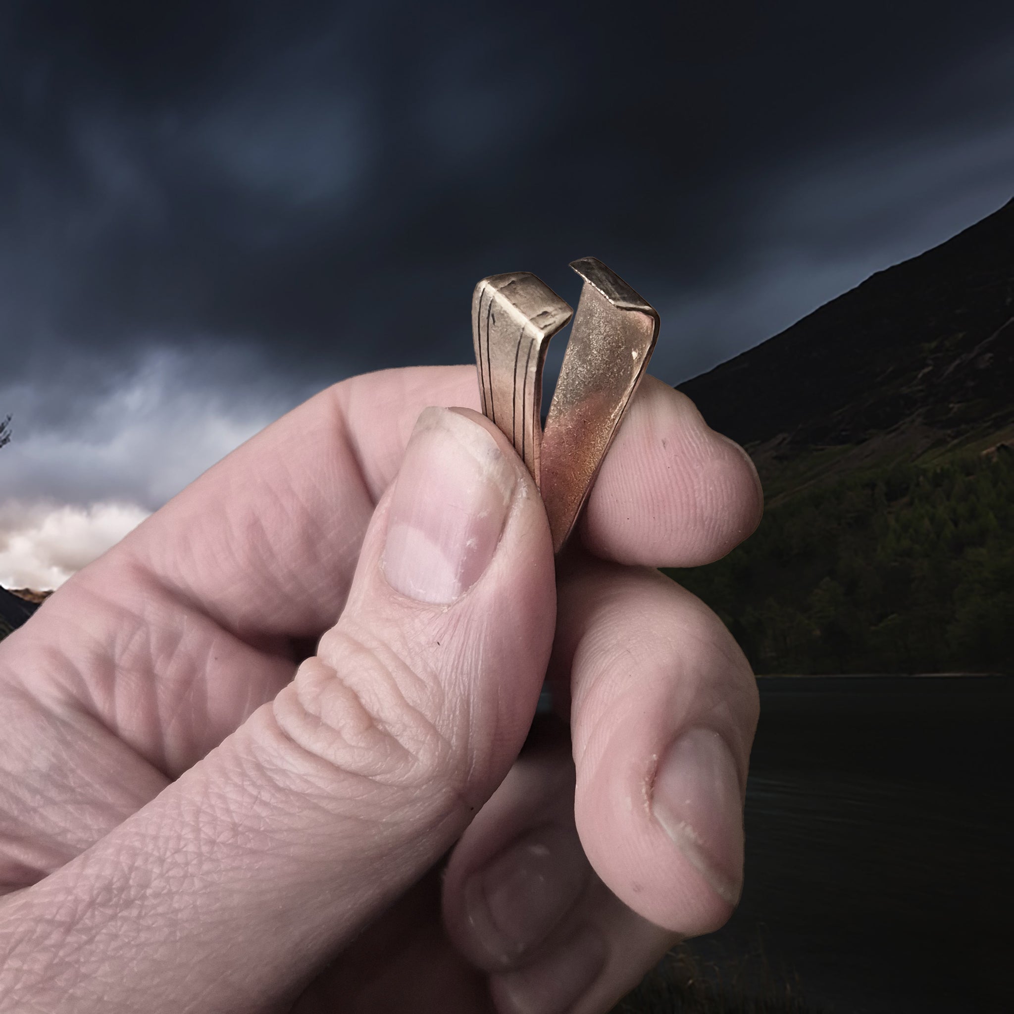 Viking Age Replica - Bronze Tweezers from Gotland, Sweden in Fingers - Pinching Side View