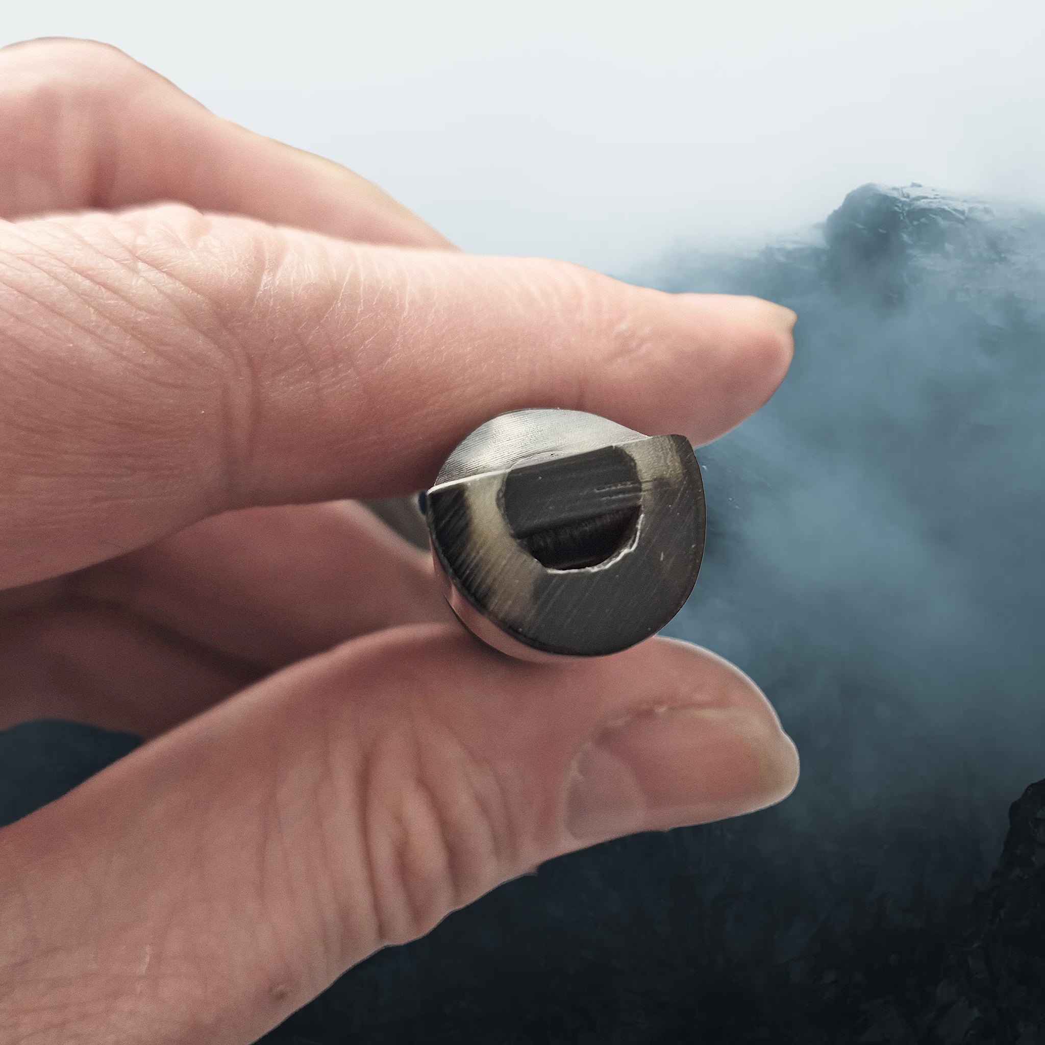Handmade Replica Viking Age Dark Horn Whistle with Horn Block from Öland, Sweden in Hand - Mouthpiece End - Other Example