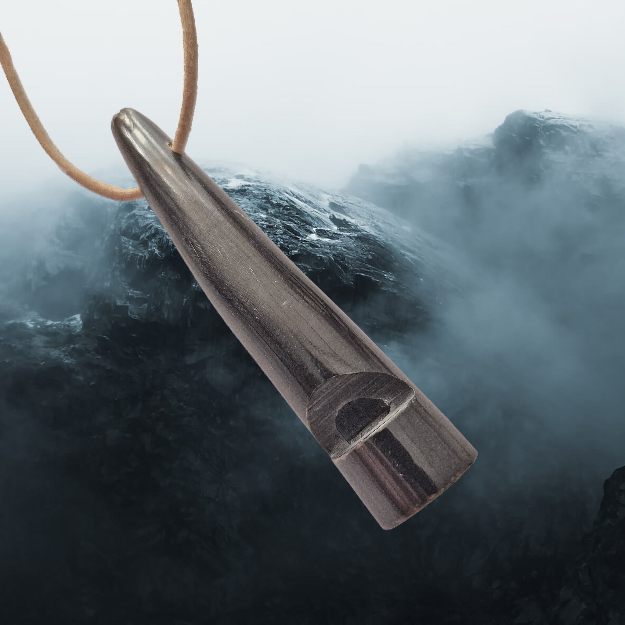 Handmade Replica Viking Age Dark Horn Whistle with Horn Block from Öland, Sweden on Natural Leather Cord