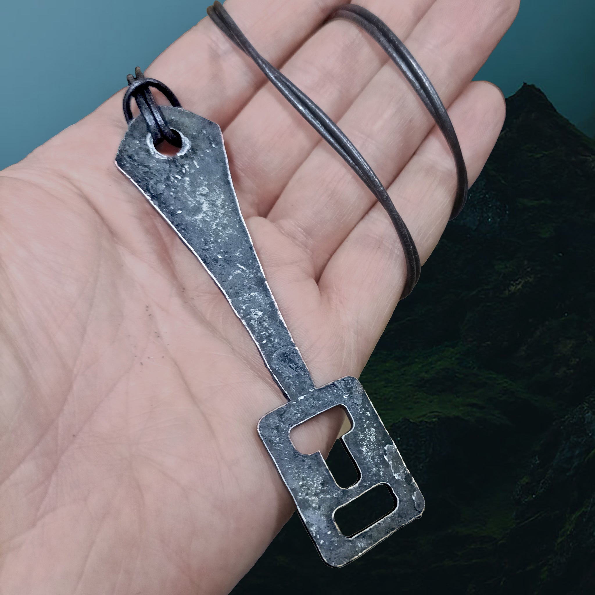 Hand-Forged Replica Viking Steel Padlock Key on Leather Cord - On Hand