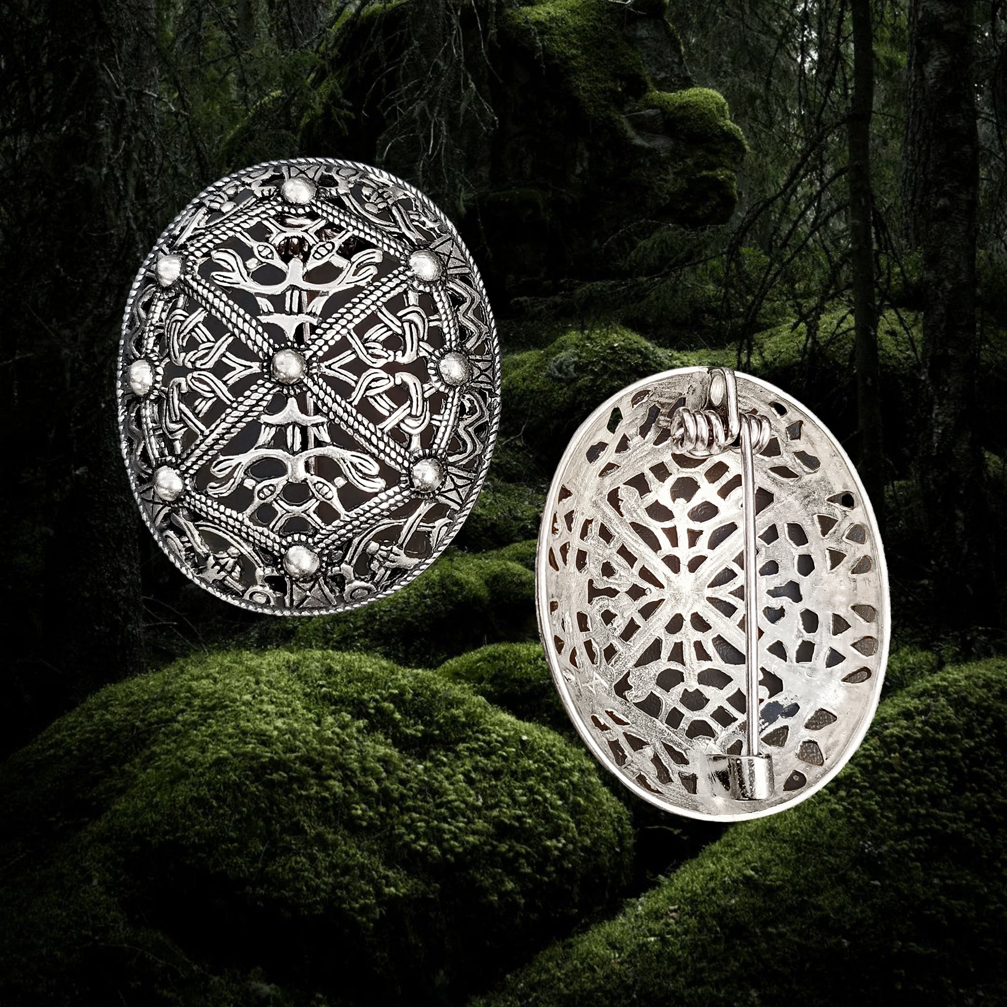 Silver Plated Borre Style Openwork Akershus Viking Tortoise Brooches - Front and Back