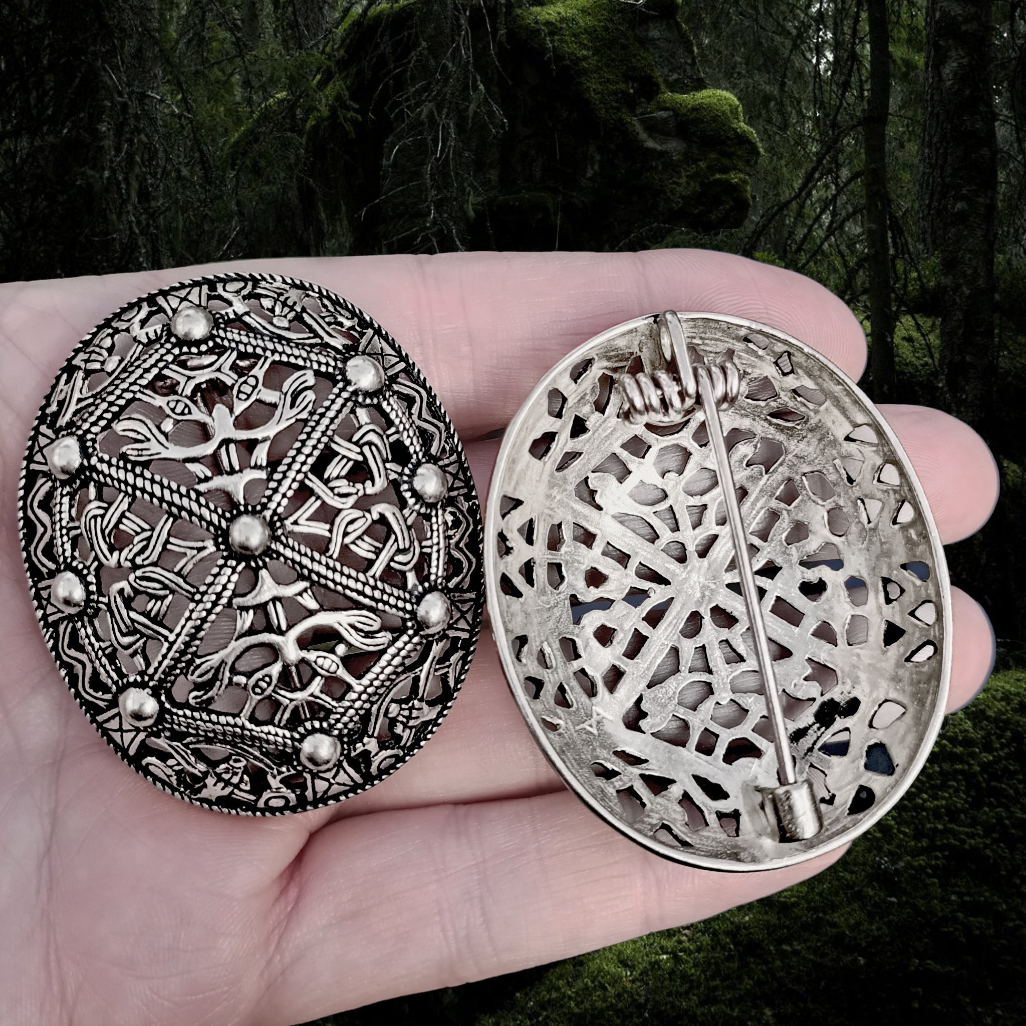 Silver Plated Borre Style Openwork Akershus Viking Tortoise Brooches in Hand - Front and back