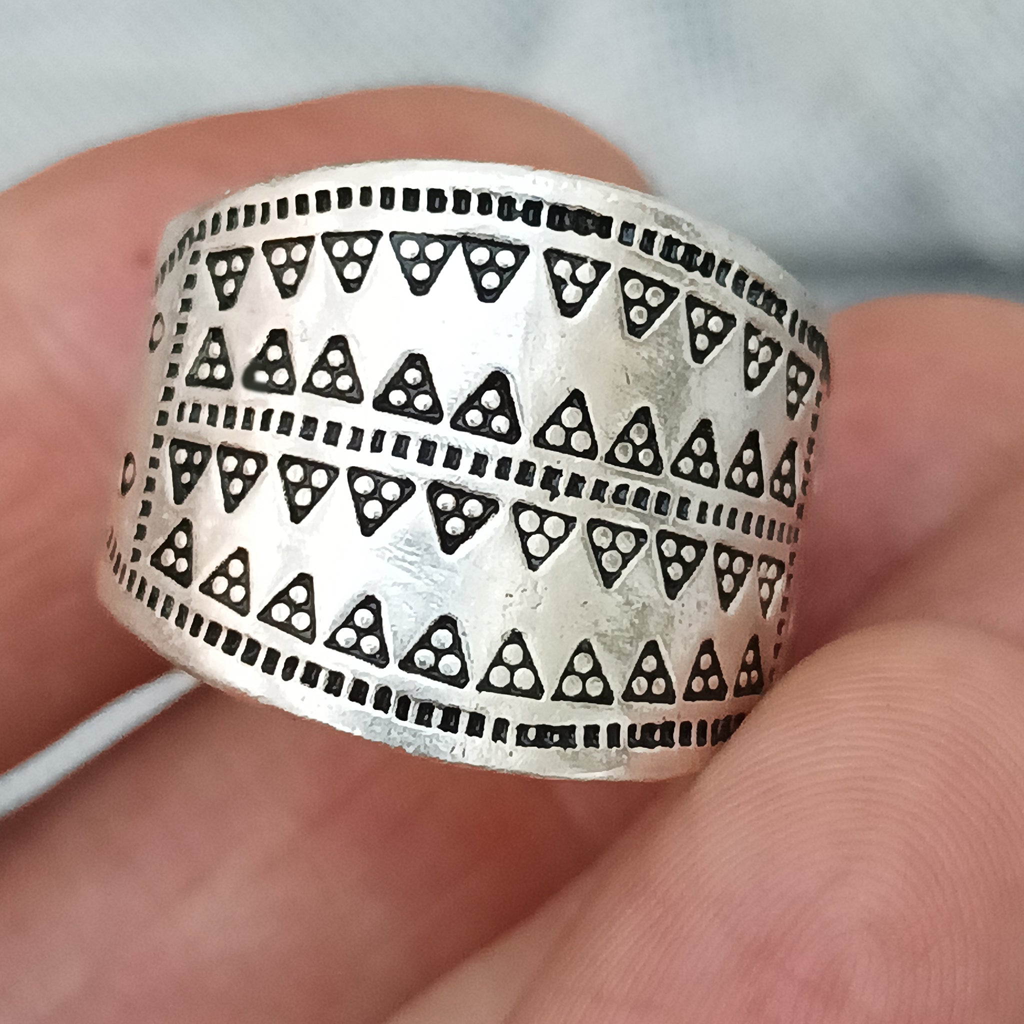 Embossed Silver Replica Viking Ring in Fingers