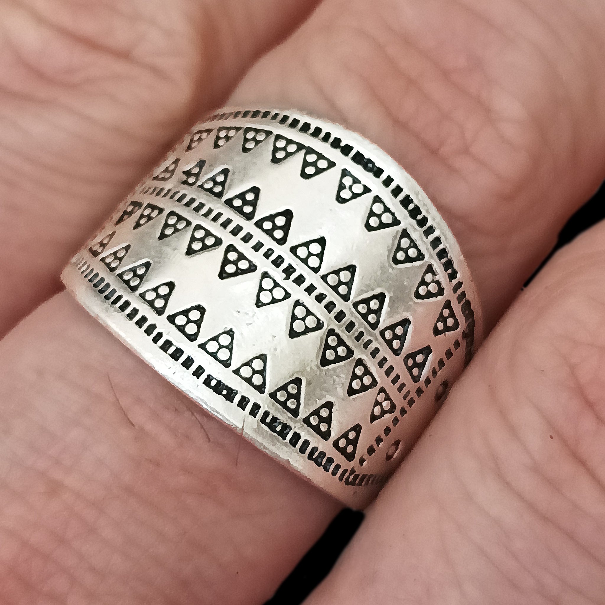 Embossed Silver Replica Viking Ring on Finger