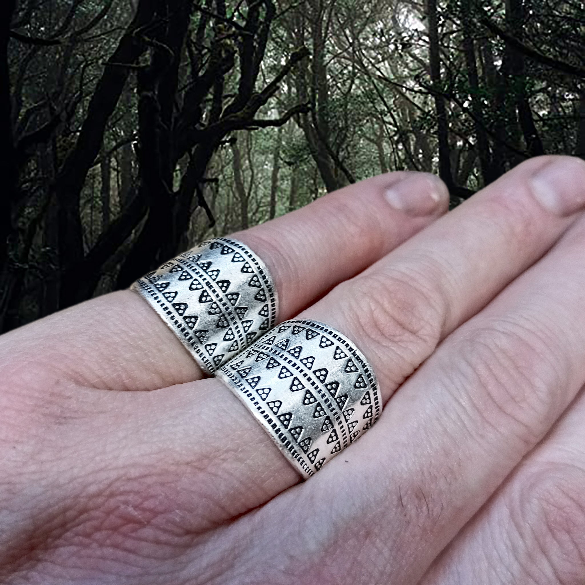 Embossed Silver Replica Viking Rings on Fingers