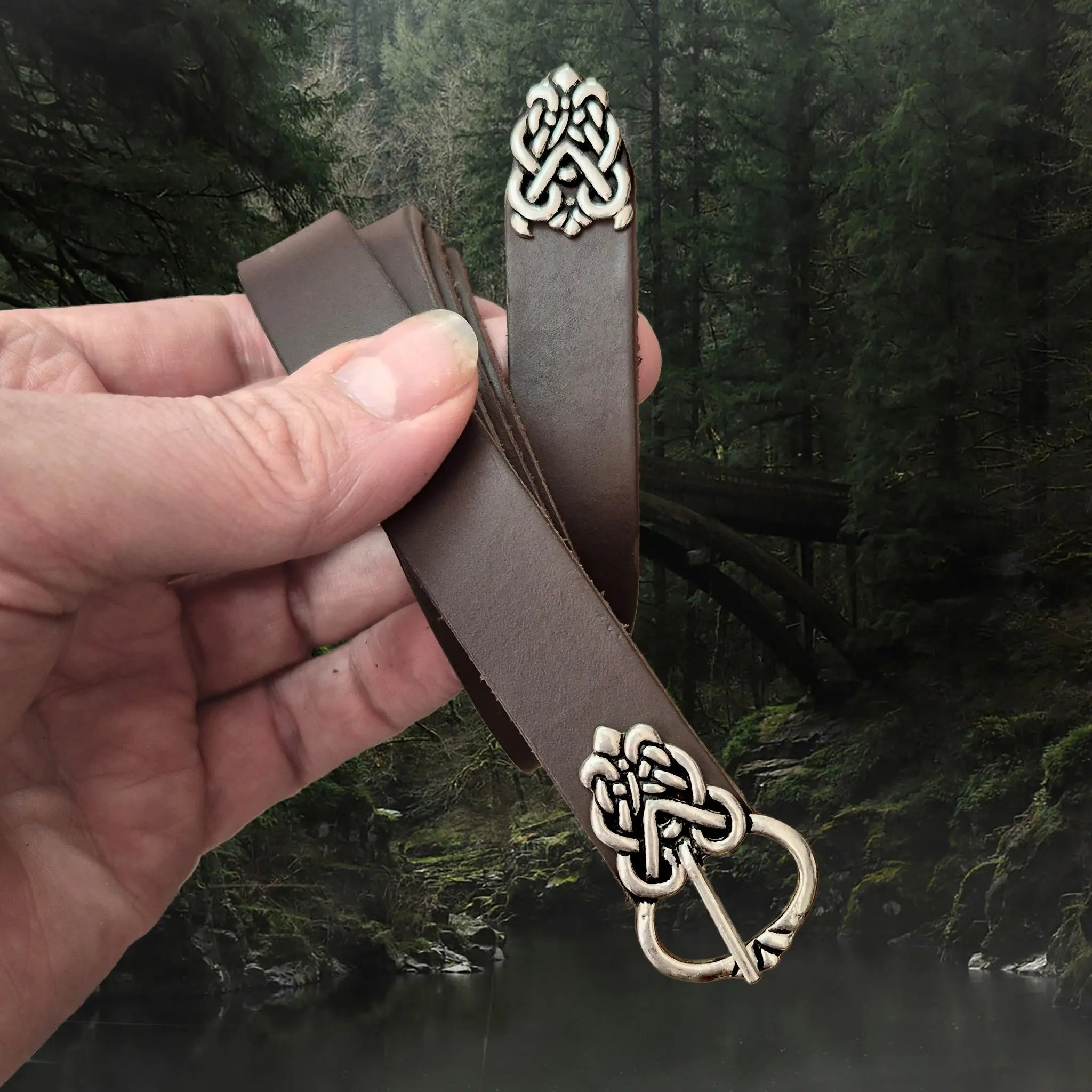 Viking Age Replica Silver Plated Ringerike Style Knotwork Buckle Set Made Into a Belt with Brown Leather Strap in Hand