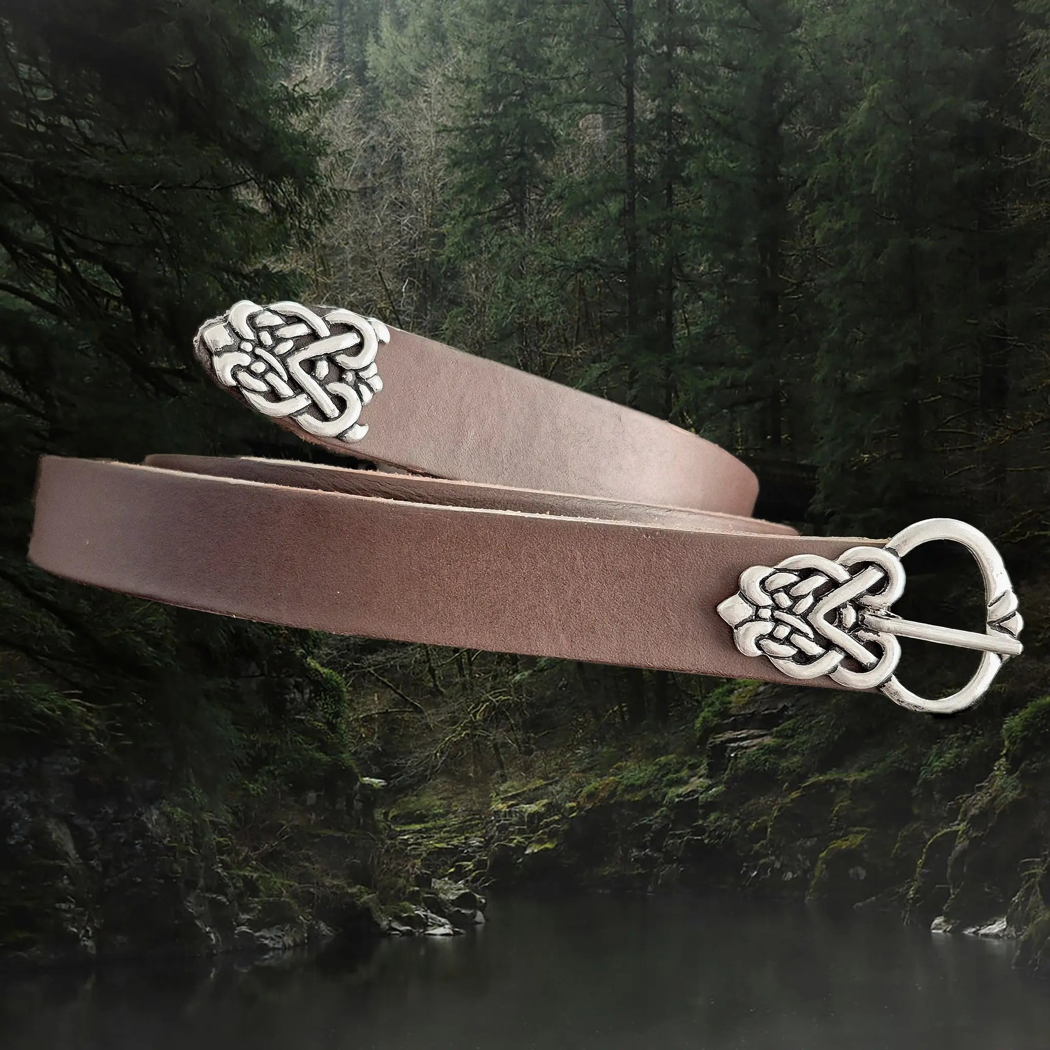 Viking Age Replica Silver Plated Ringerike Style Knotwork Buckle Set Made Into a Belt with Brown Leather Strap